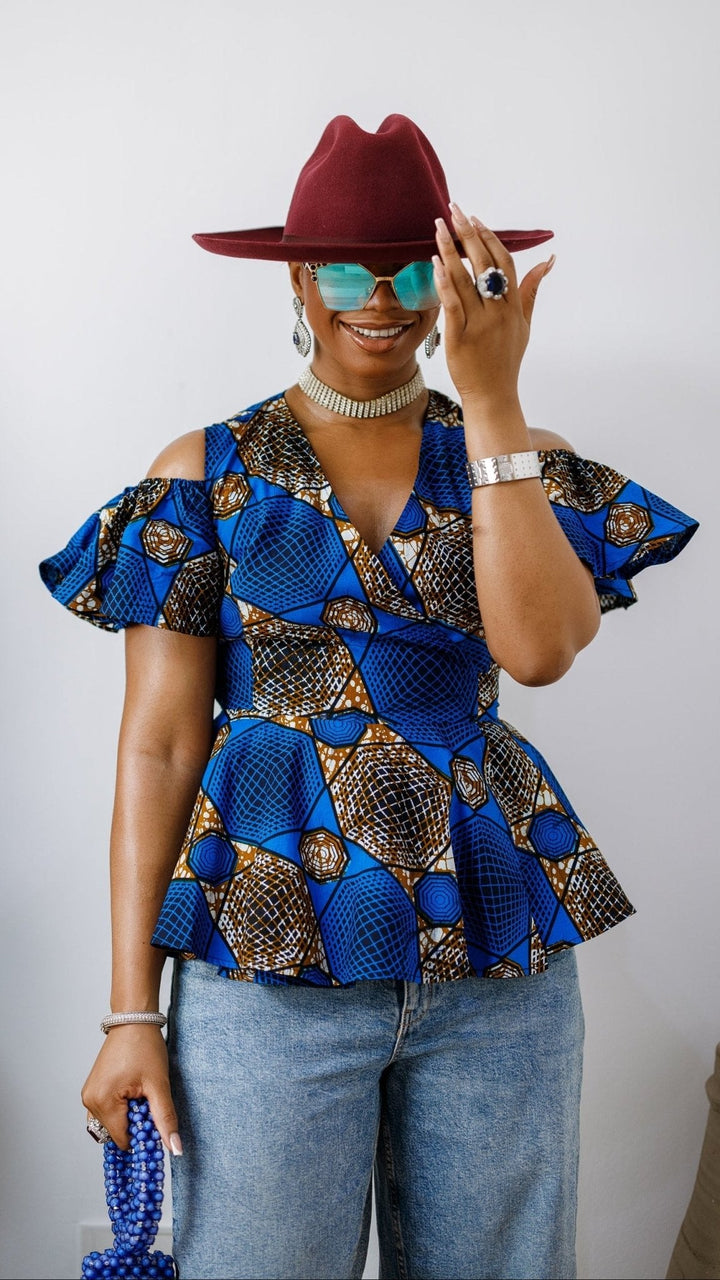 JEMIMA AFRICAN PRINT COLD SHOULDER WRAP TOP [BLUE] - Especially Yours