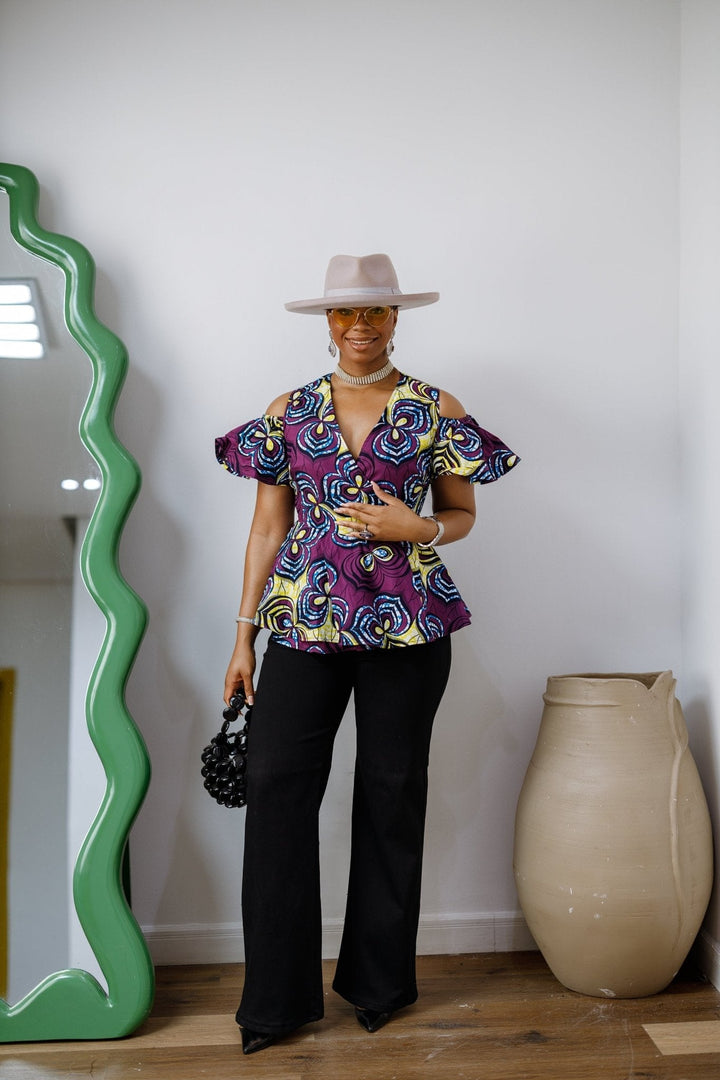 JEMIMA AFRICAN PRINT COLD SHOULDER WRAP TOP [PURPLE] - Especially Yours
