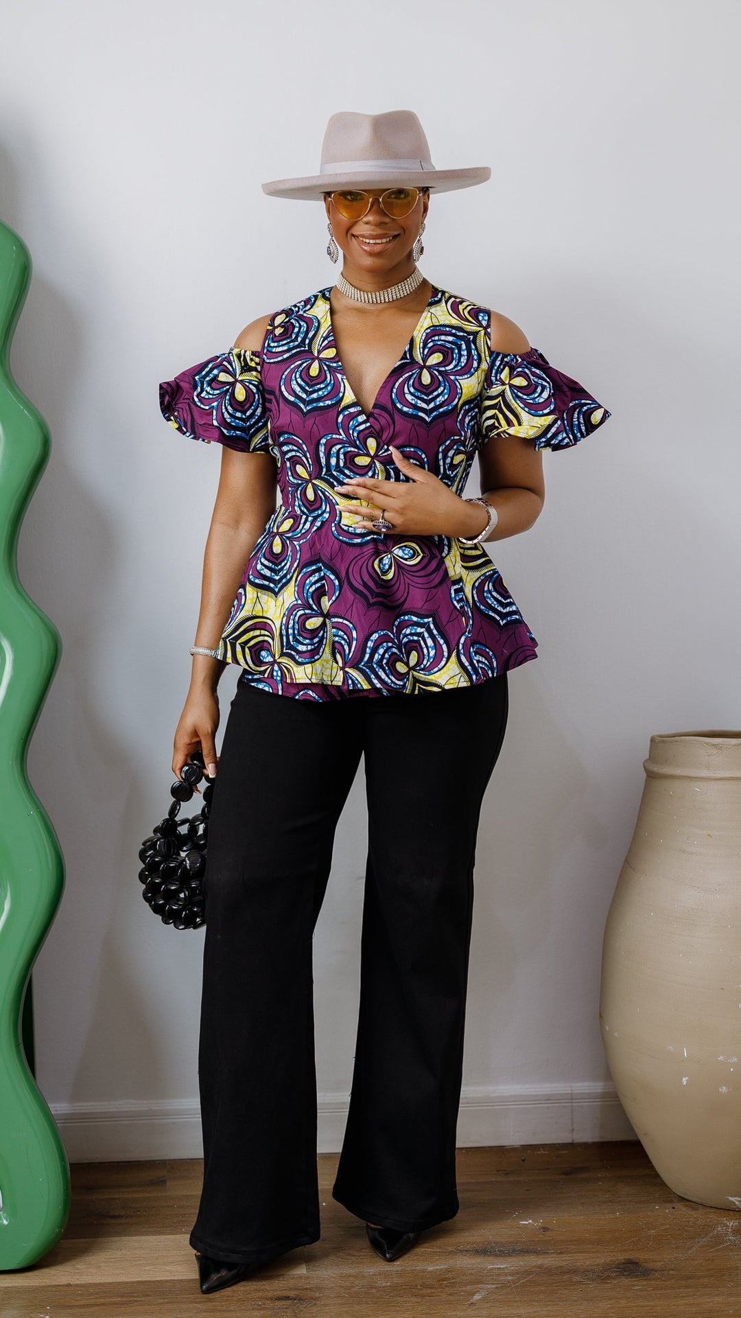 JEMIMA AFRICAN PRINT COLD SHOULDER WRAP TOP [PURPLE]