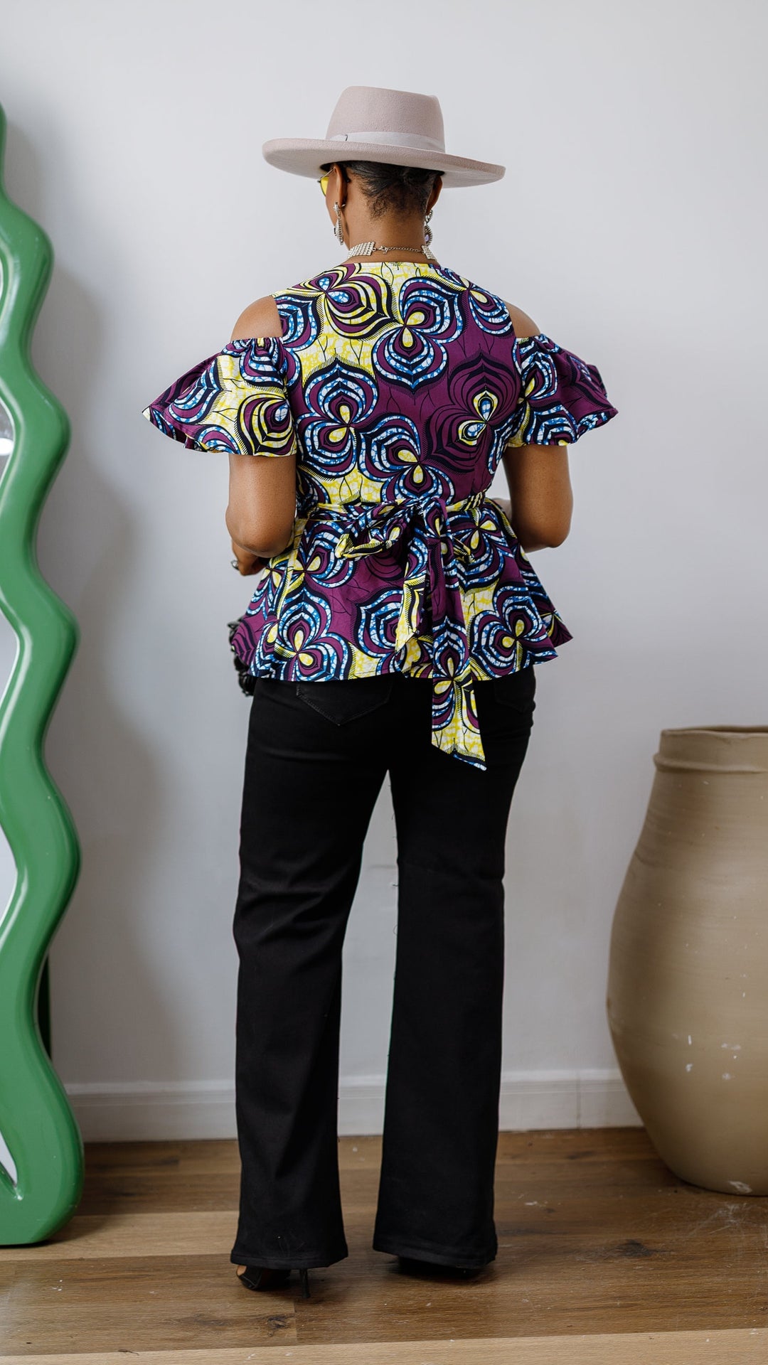 JEMIMA AFRICAN PRINT COLD SHOULDER WRAP TOP [PURPLE]