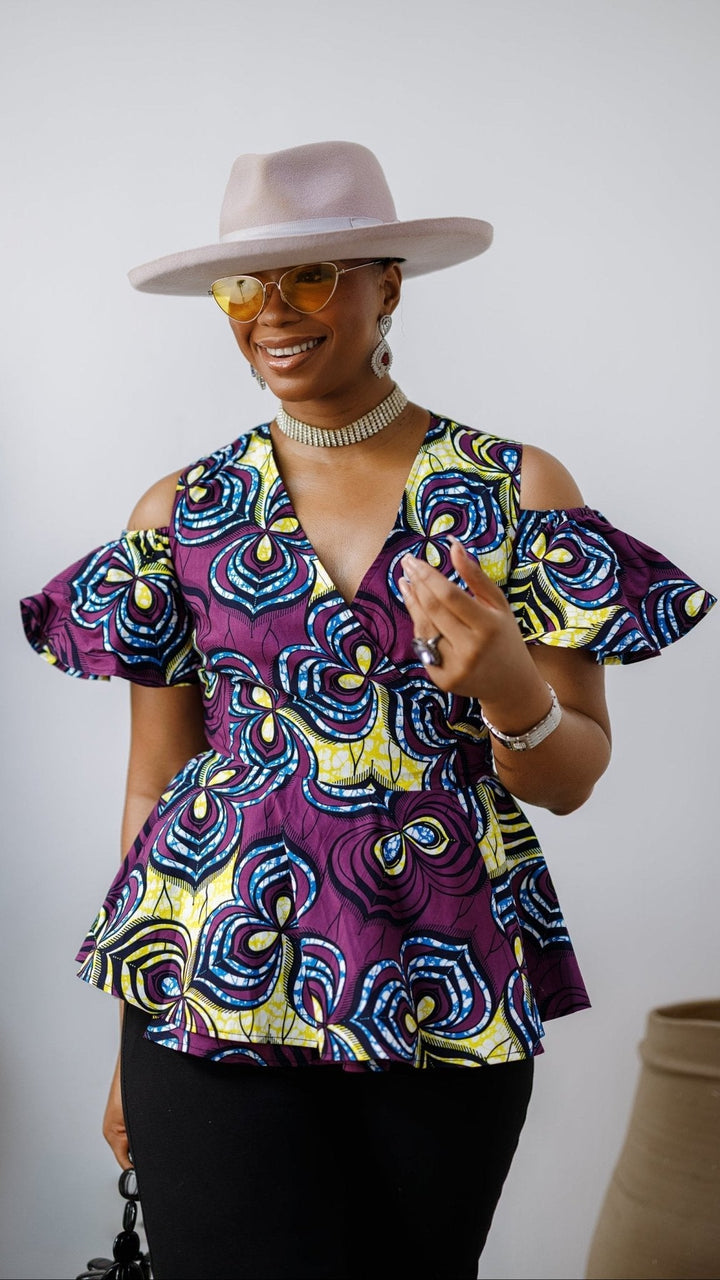 JEMIMA AFRICAN PRINT COLD SHOULDER WRAP TOP [PURPLE] - Especially Yours