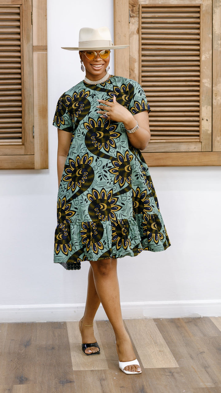BIMI AFRICAN PRINT TIERED MIDI DRESS