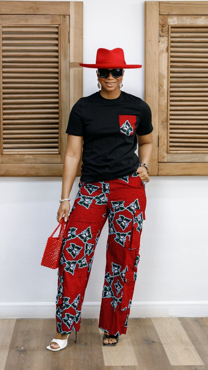 NKEM AFRICAN PRINT CARGO PANTS AND T-SHIRT SET [RED] - Especially Yours
