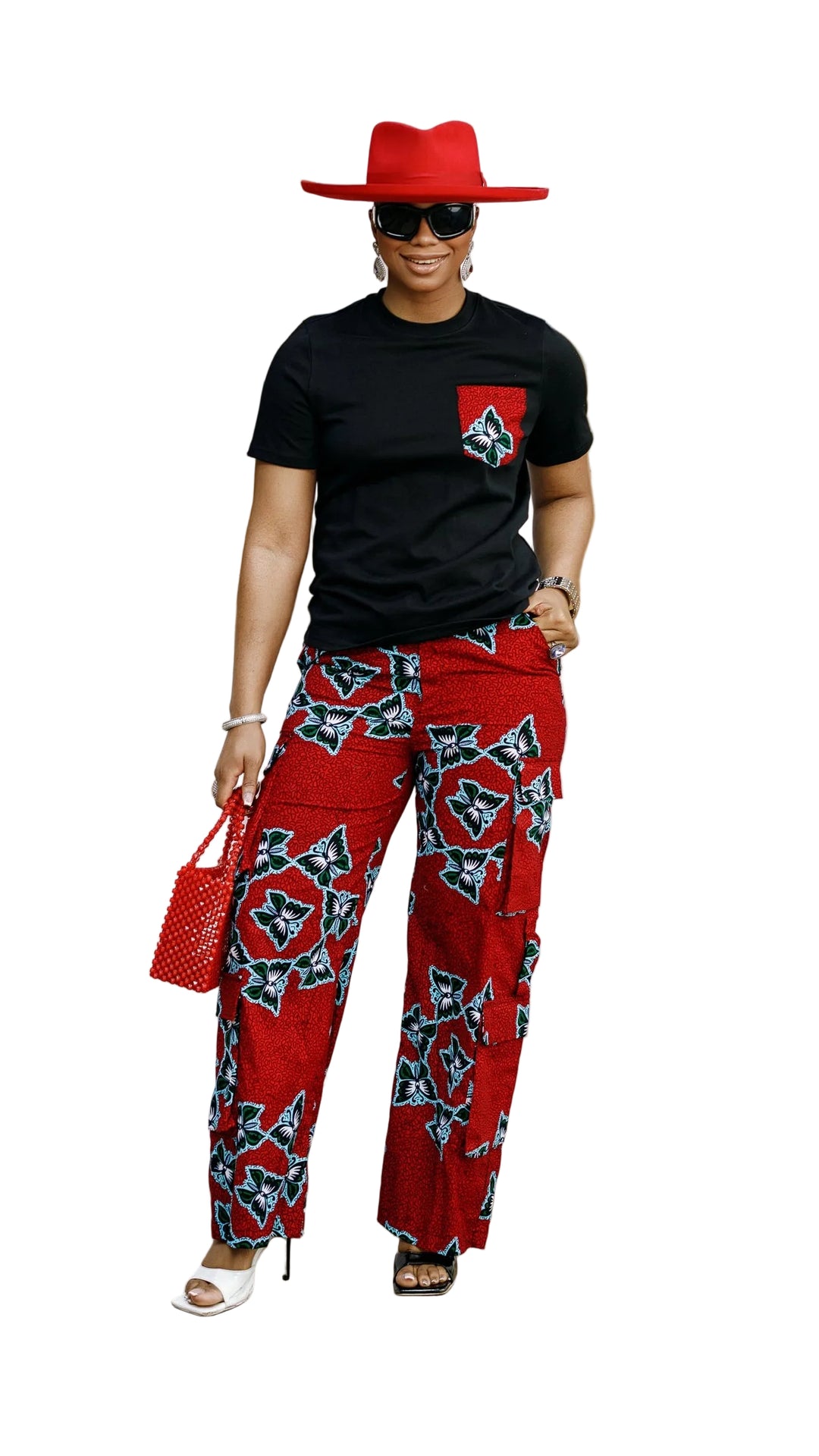 NKEM AFRICAN PRINT CARGO PANTS AND T-SHIRT SET [RED]