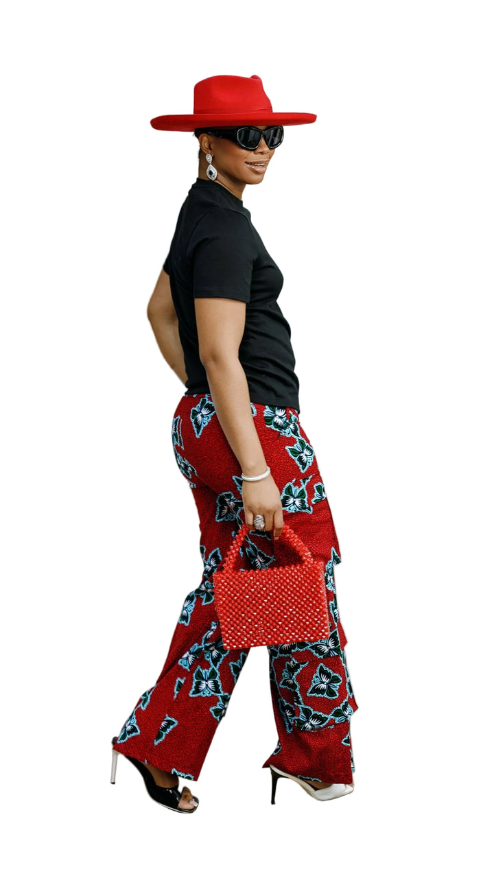 NKEM AFRICAN PRINT CARGO PANTS AND T-SHIRT SET [RED]