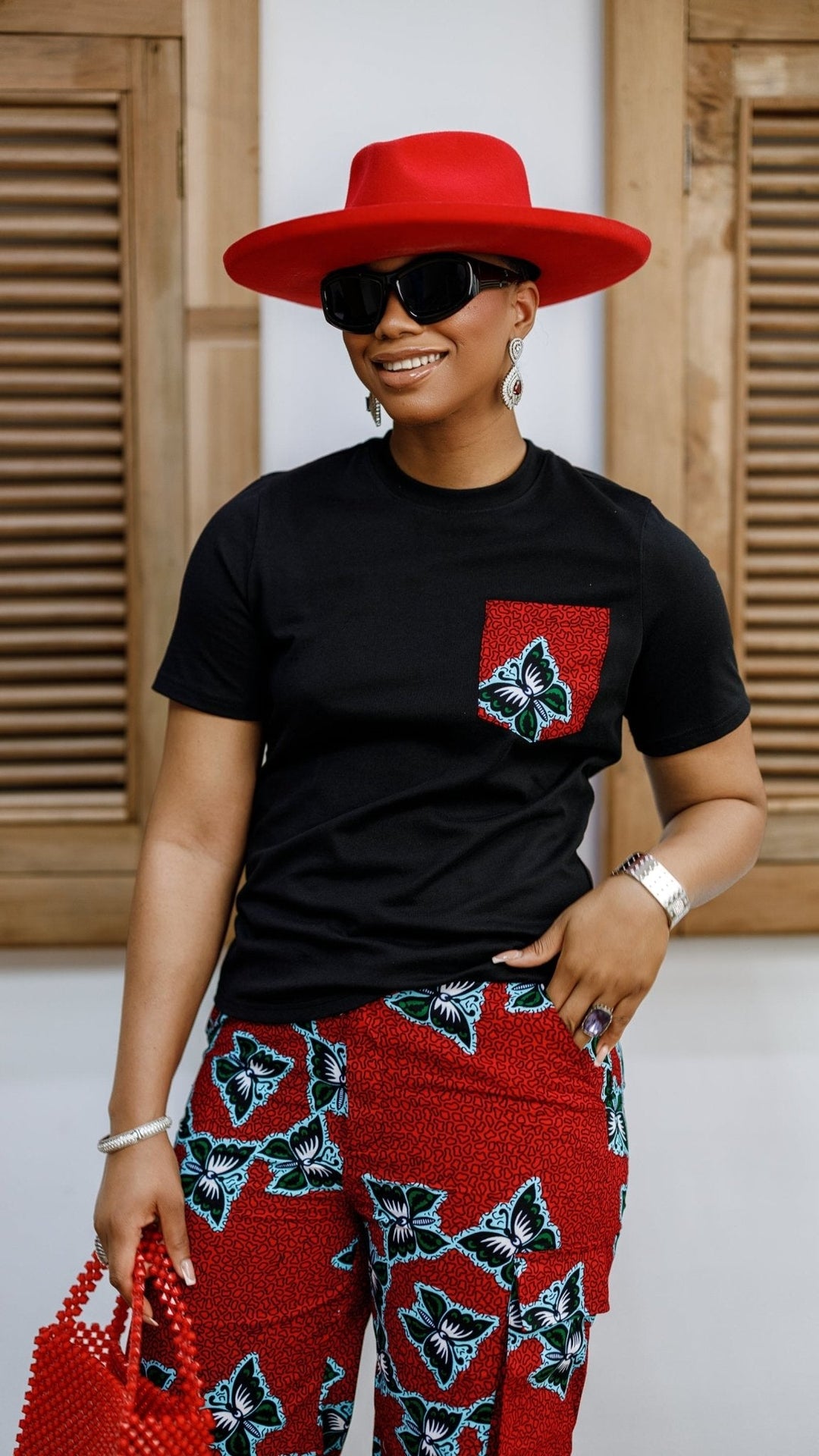 NKEM AFRICAN PRINT CARGO PANTS AND T-SHIRT SET [RED] - Especially Yours