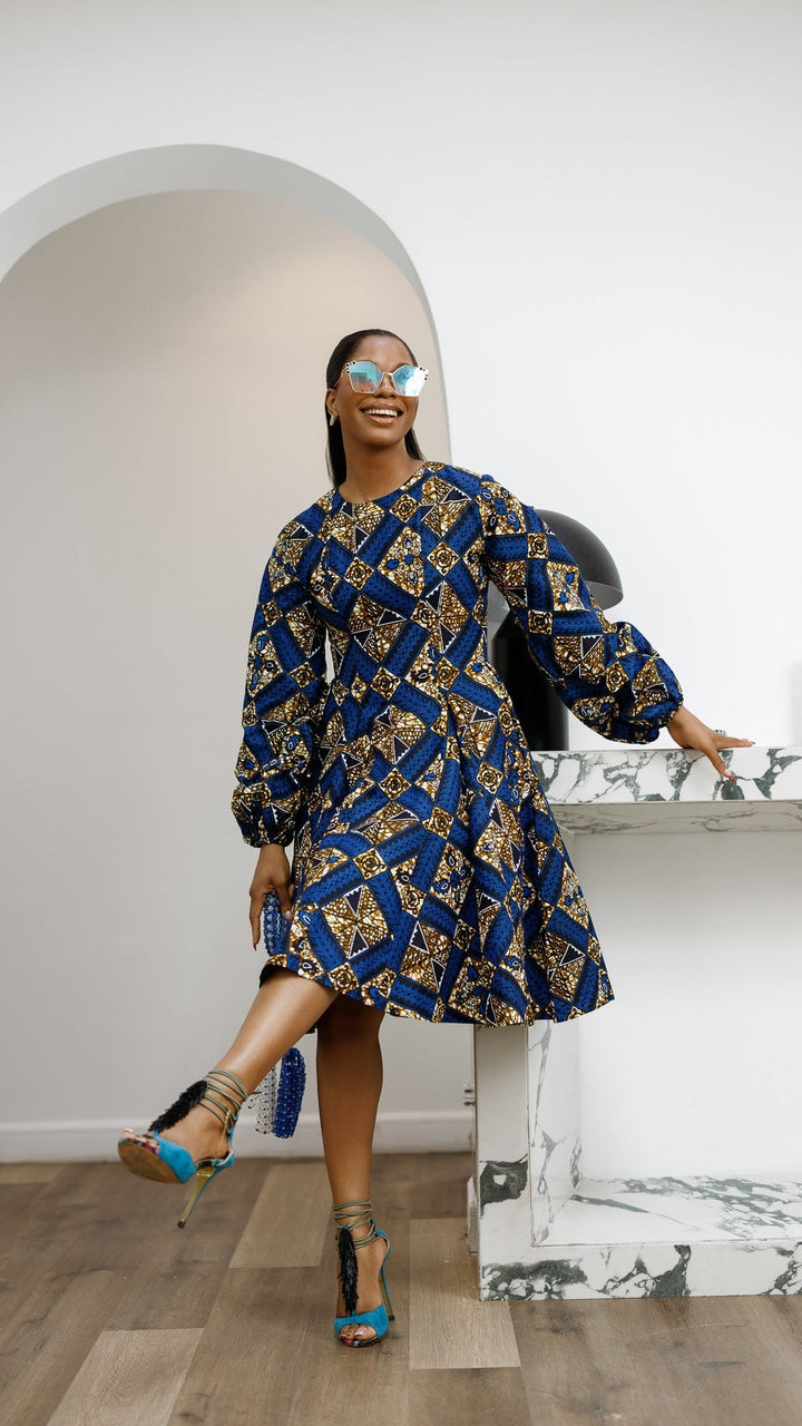 TITI AFRICAN PRINT PUFF SLEEVE DRESS [BLUE] - Especially Yours