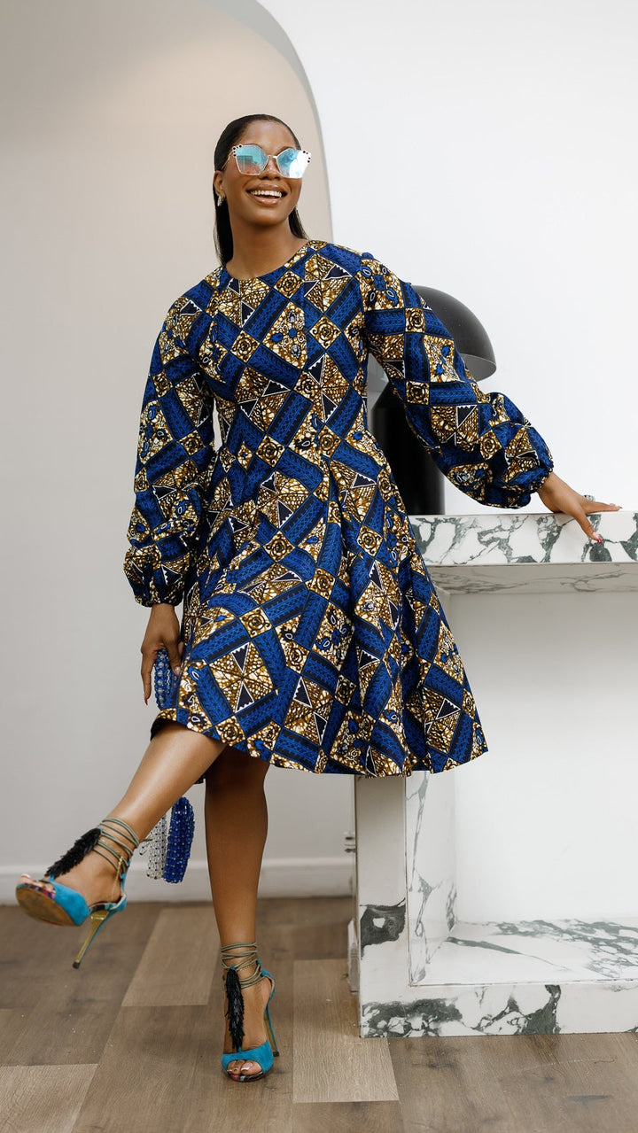 TITI AFRICAN PRINT PUFF SLEEVE DRESS [BLUE]