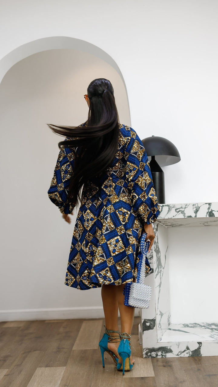TITI AFRICAN PRINT PUFF SLEEVE DRESS [BLUE] - Especially Yours