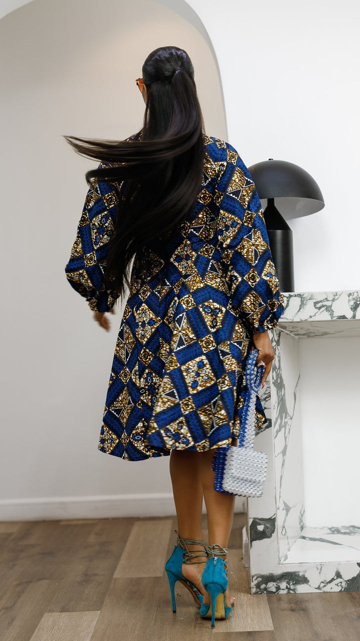 TITI AFRICAN PRINT PUFF SLEEVE DRESS [BLUE]