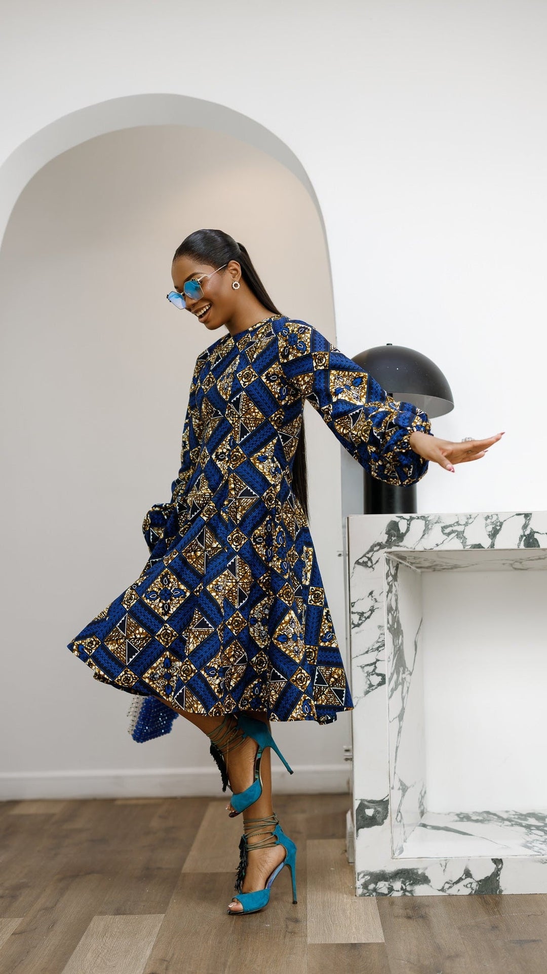 TITI AFRICAN PRINT PUFF SLEEVE DRESS [BLUE] - Especially Yours
