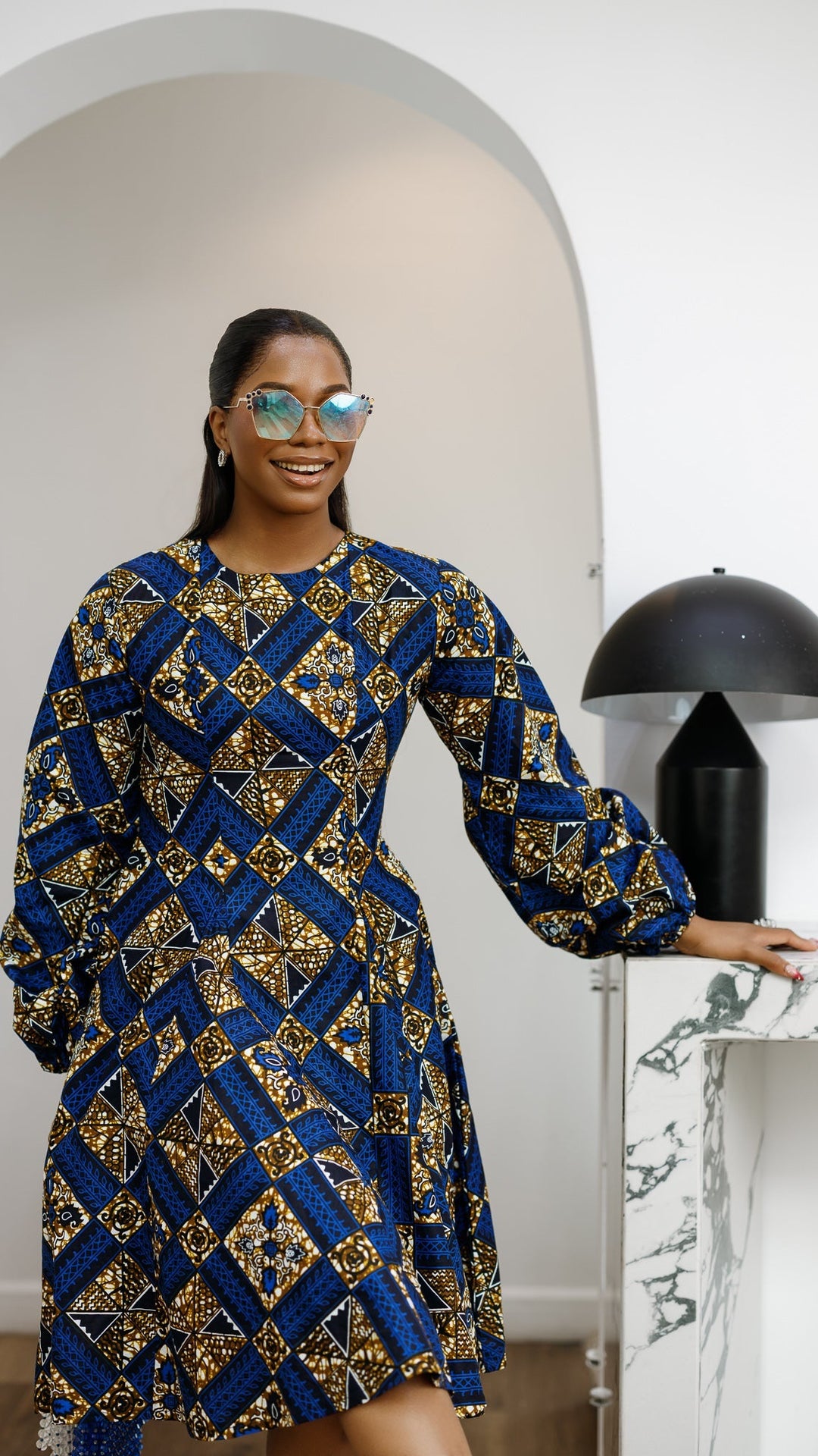 TITI AFRICAN PRINT PUFF SLEEVE DRESS [BLUE]
