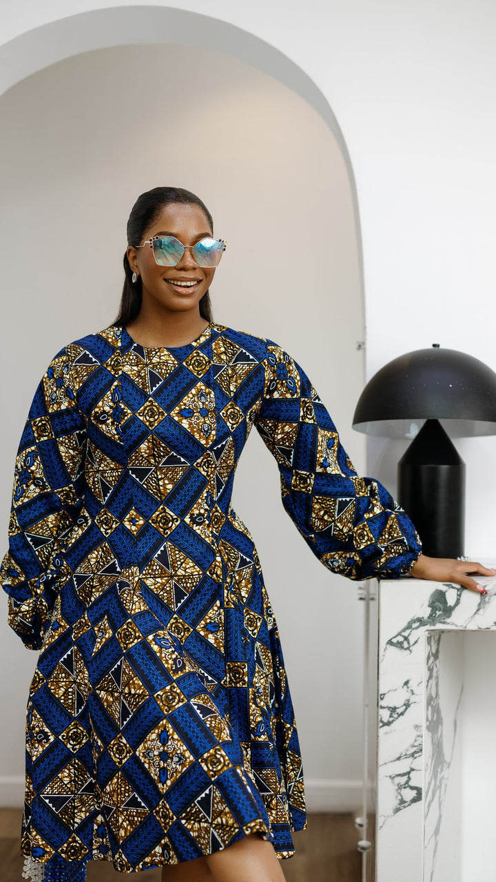 TITI AFRICAN PRINT PUFF SLEEVE DRESS [BLUE]