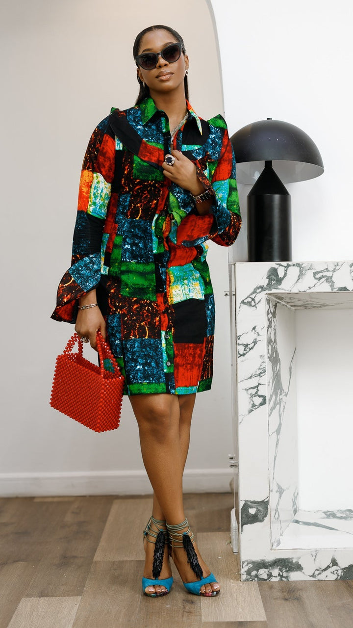 RERE AFRICAN PRINT BUTTON FRONT SHIRT DRESS [MULTICOLOR]