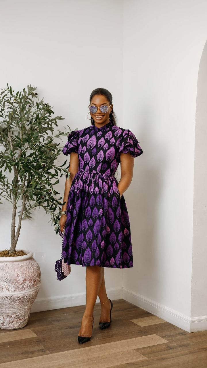 VALERIE AFRICAN PRINT HIGH NECK MIDI DRESS [PURPLE] - Especially Yours