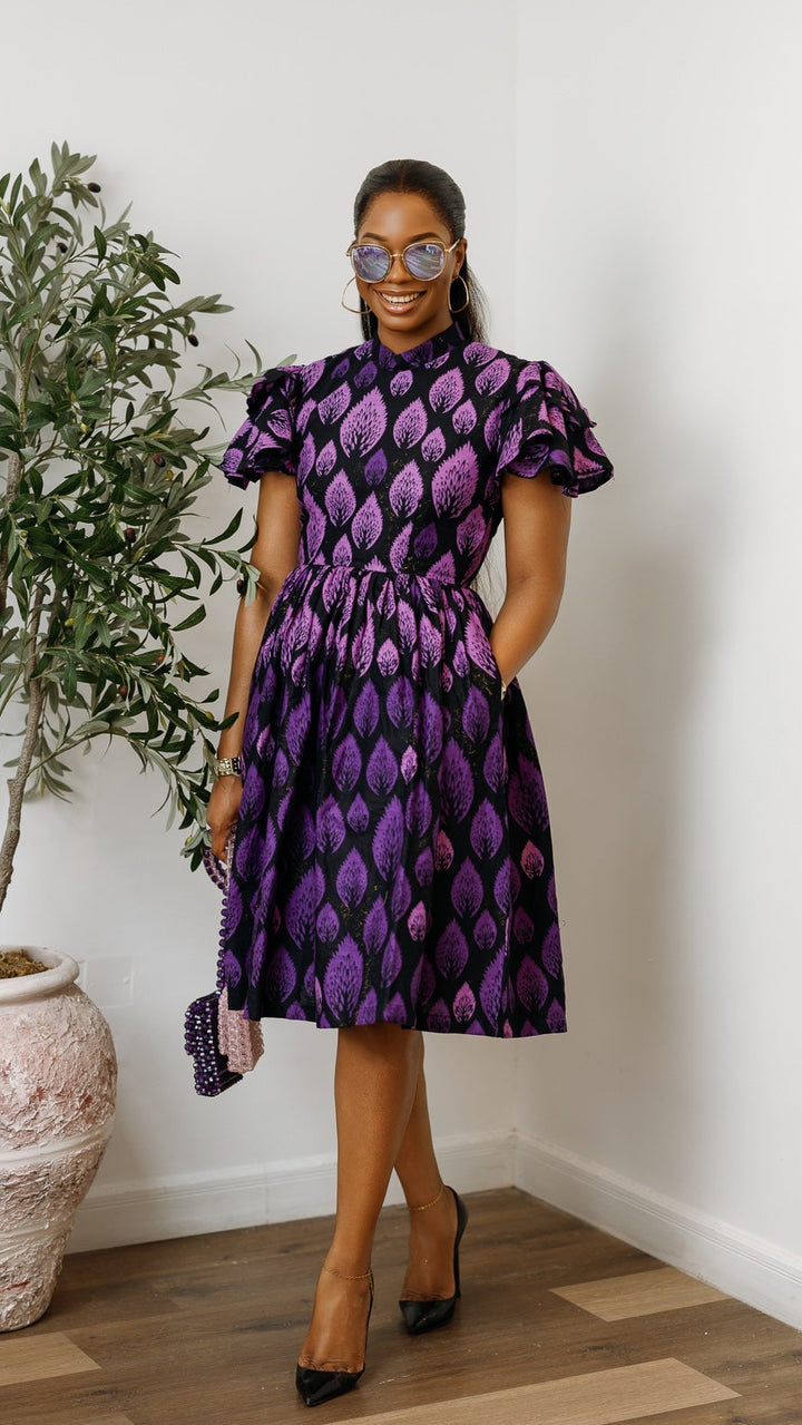 VALERIE AFRICAN PRINT HIGH NECK MIDI DRESS [PURPLE]