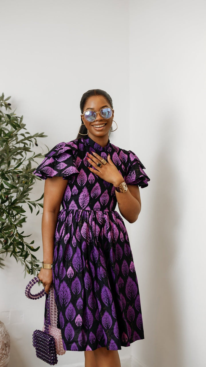VALERIE AFRICAN PRINT HIGH NECK MIDI DRESS [PURPLE] - Especially Yours