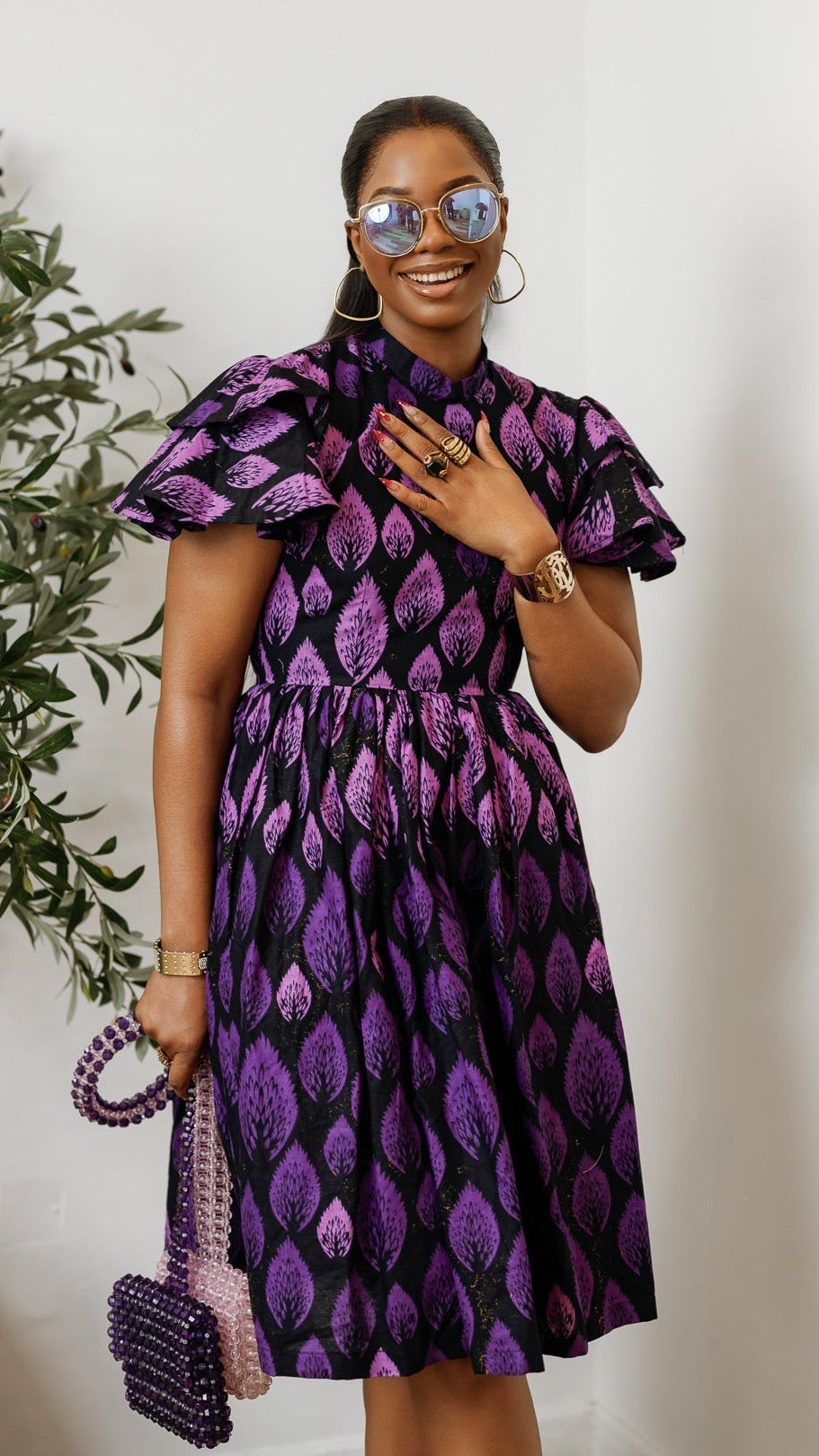VALERIE AFRICAN PRINT HIGH NECK MIDI DRESS [PURPLE]