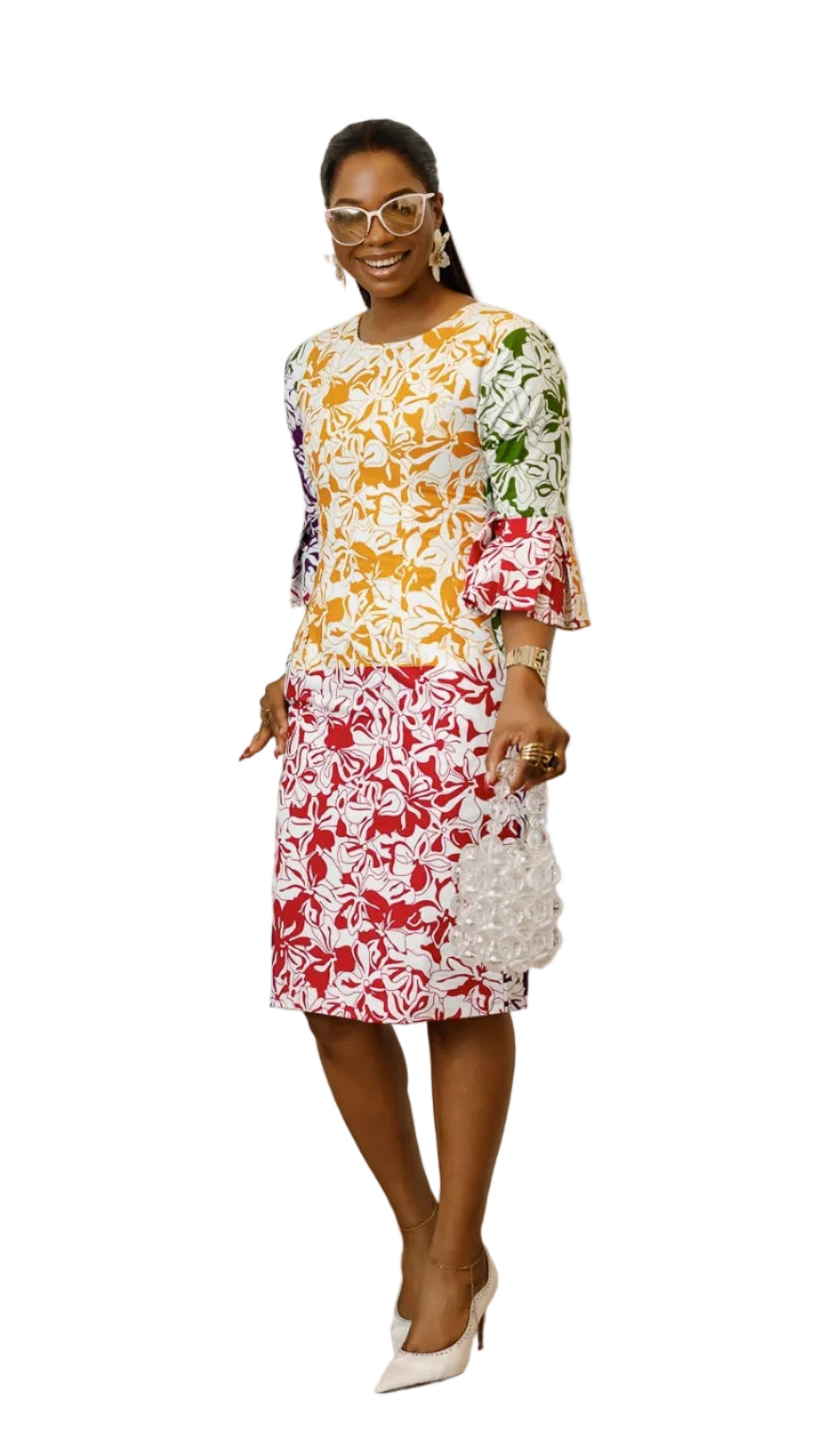 TASSI AFRICAN PRINT BELL SLEEVE MIDI DRESS