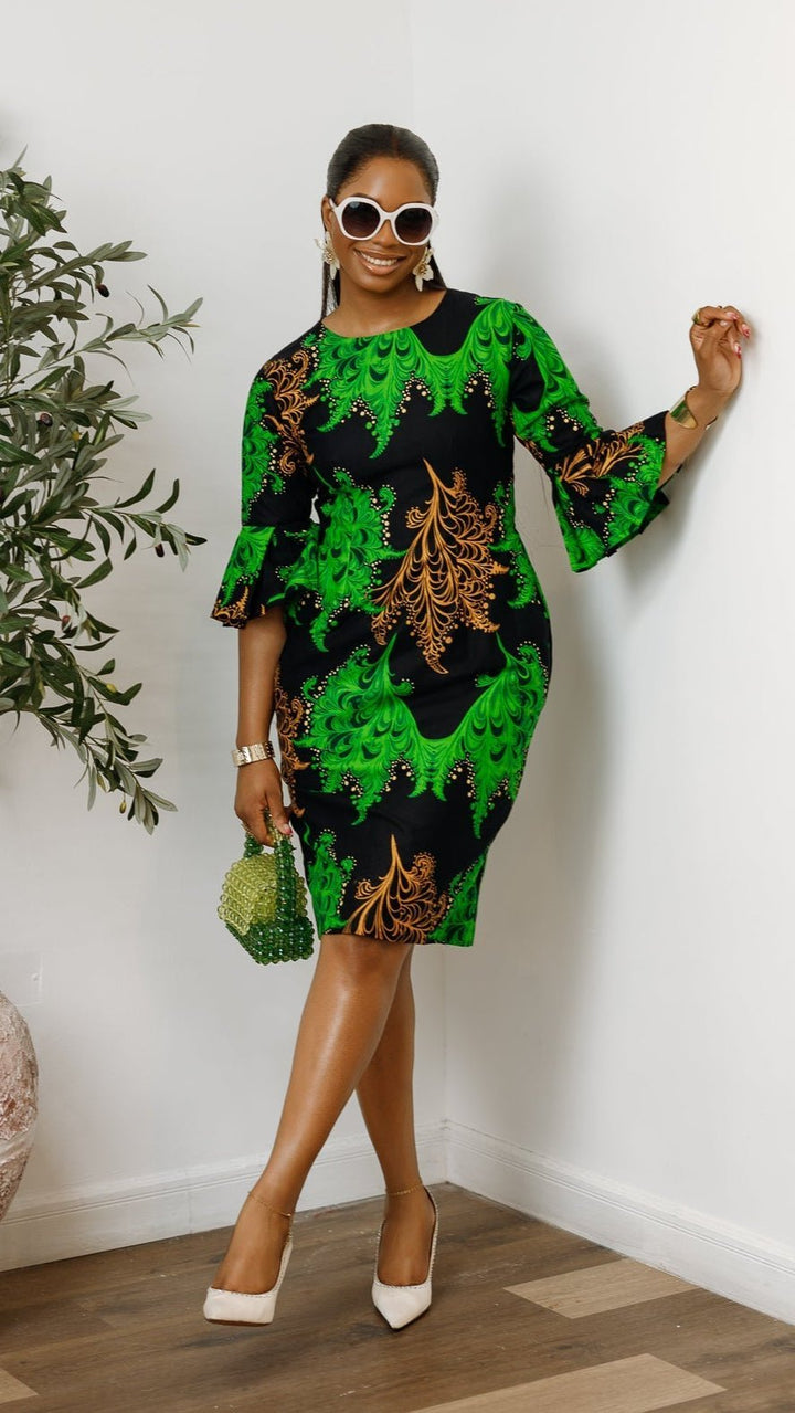 TASSI AFRICAN PRINT BELL SLEEVE MIDI DRESS [GREEN] - Especially Yours