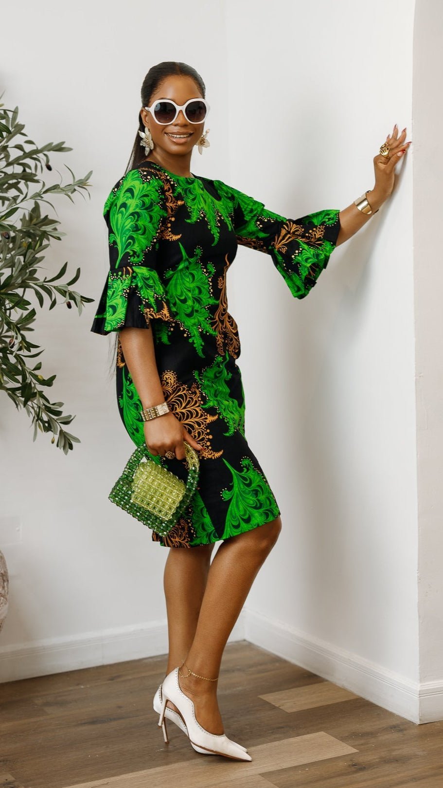 TASSI AFRICAN PRINT BELL SLEEVE MIDI DRESS [GREEN] - Especially Yours