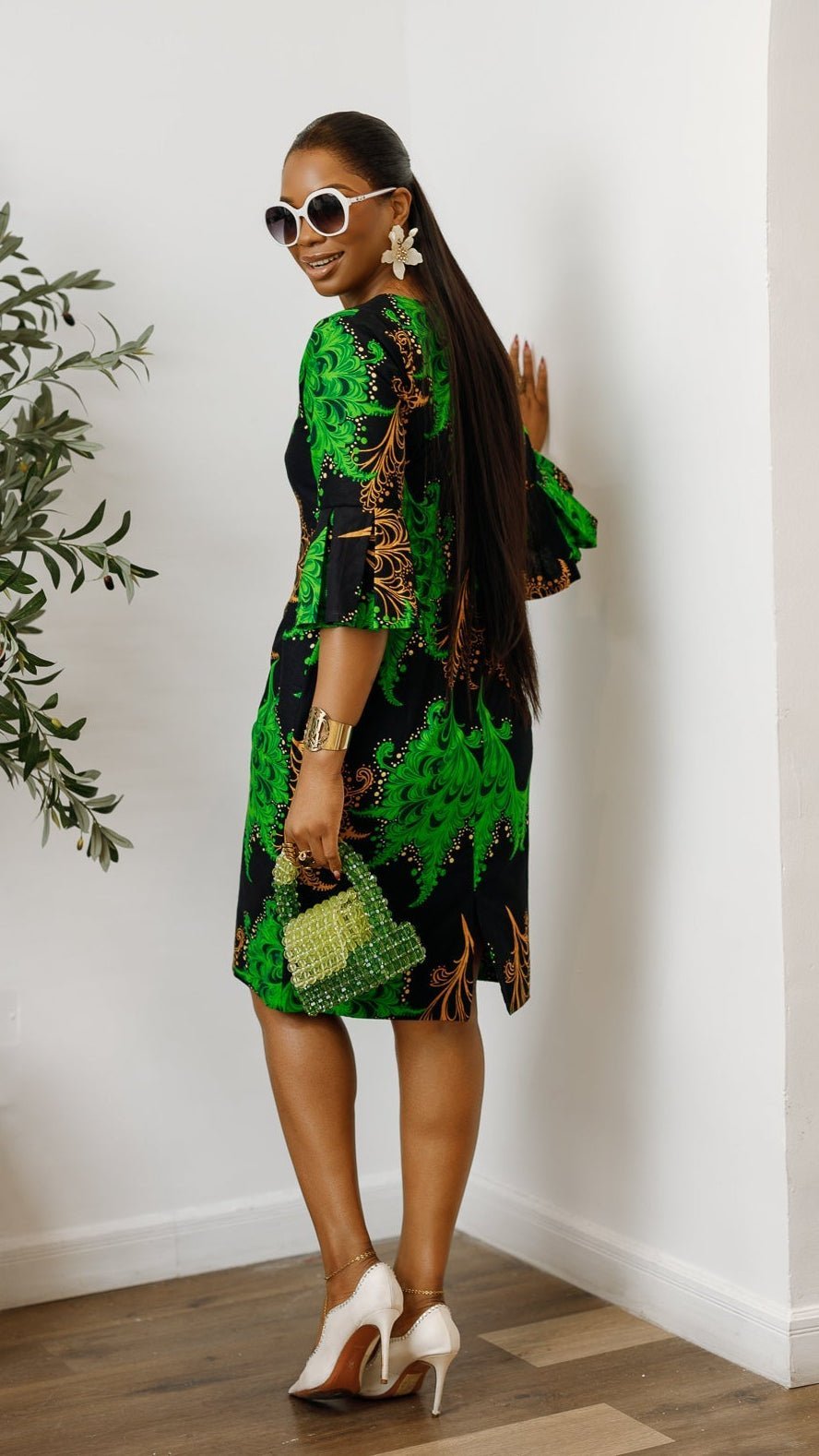 TASSI AFRICAN PRINT BELL SLEEVE MIDI DRESS [GREEN] - Especially Yours