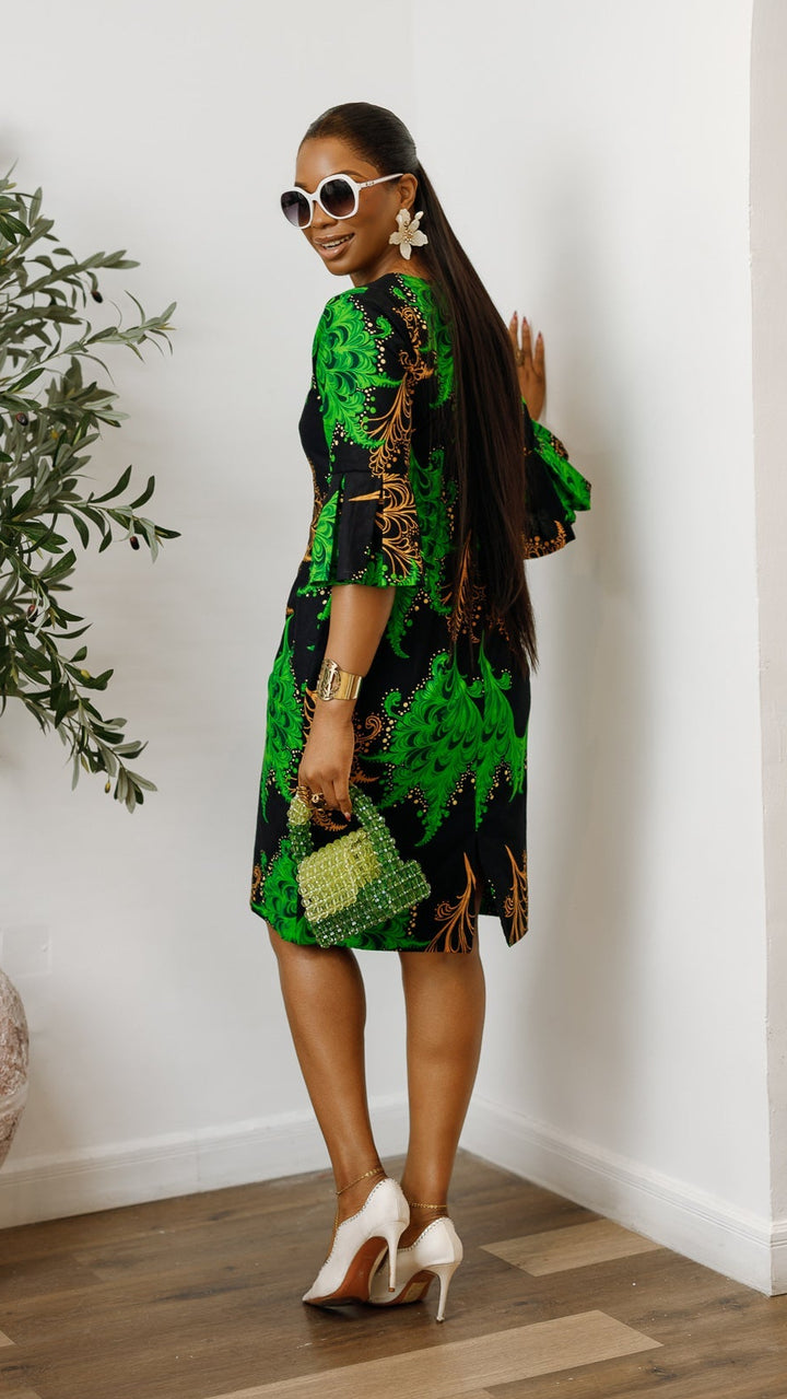 TASSI AFRICAN PRINT BELL SLEEVE MIDI DRESS [GREEN]----FINAL SALE