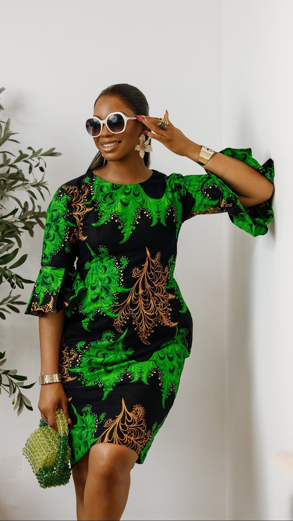 TASSI AFRICAN PRINT BELL SLEEVE MIDI DRESS [GREEN] - Especially Yours