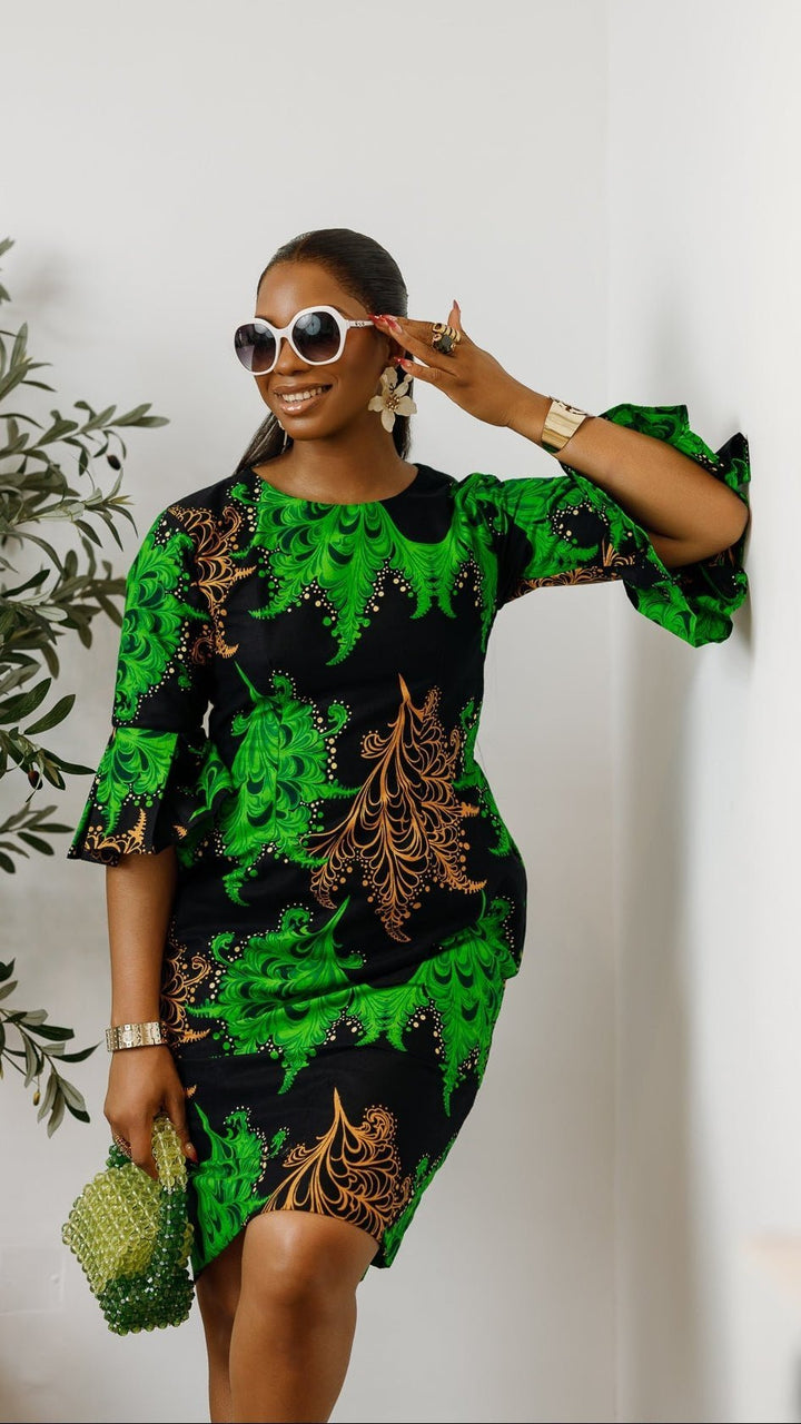 TASSI AFRICAN PRINT BELL SLEEVE MIDI DRESS [GREEN] - Especially Yours