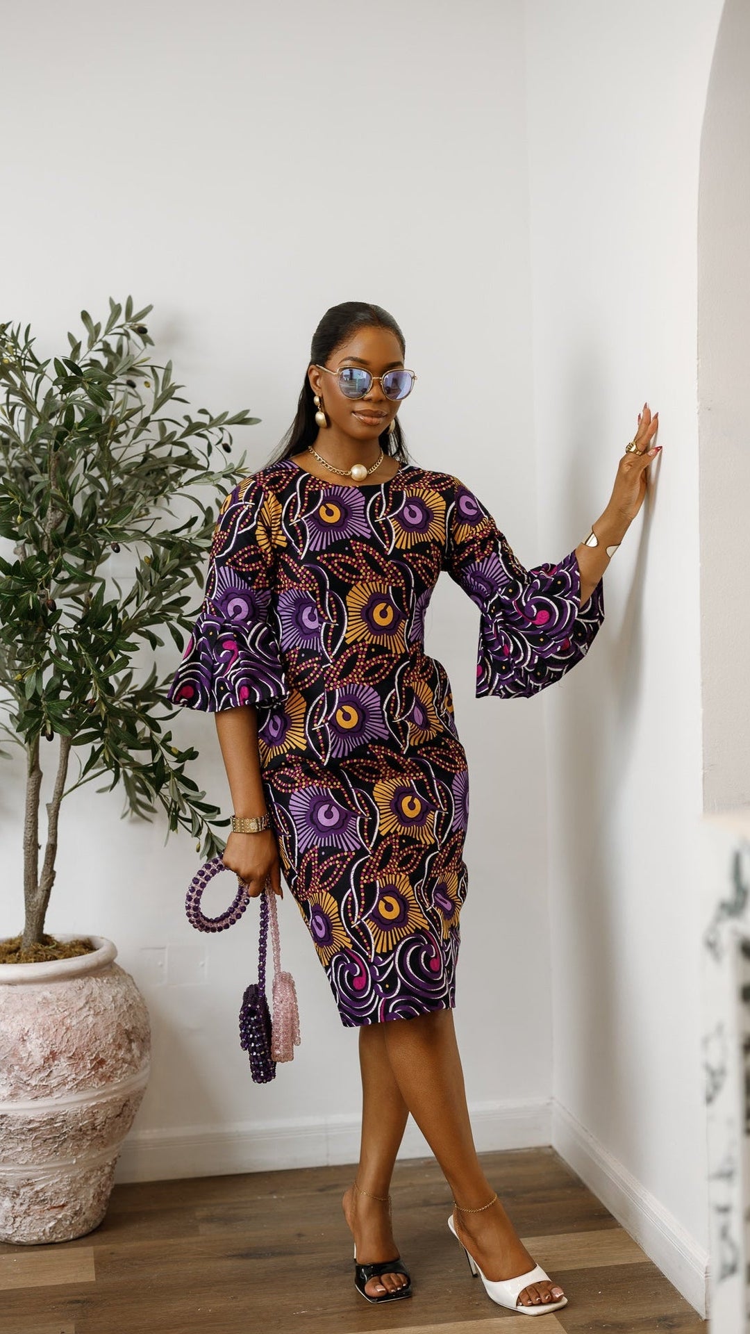 TASSI AFRICAN PRINT BELL SLEEVE MIDI DRESS [PURPLE] - Especially Yours