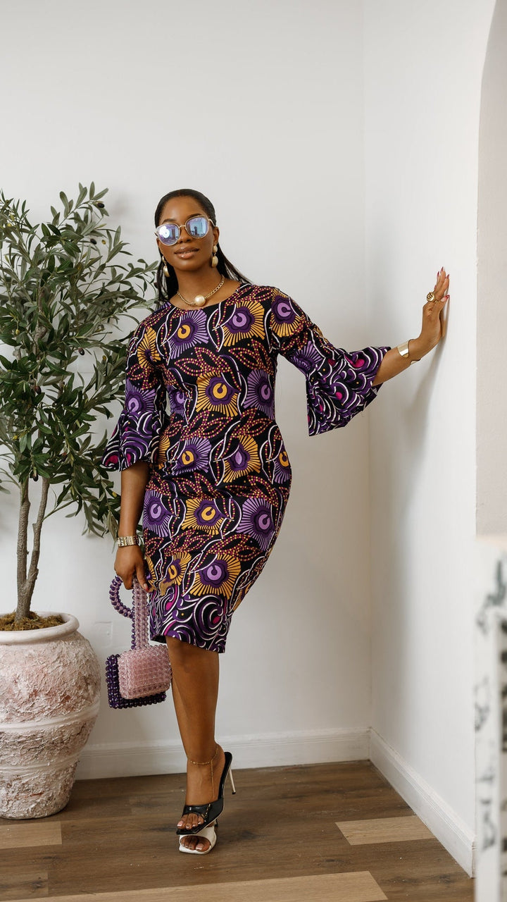 TASSI AFRICAN PRINT BELL SLEEVE MIDI DRESS [PURPLE] - Especially Yours