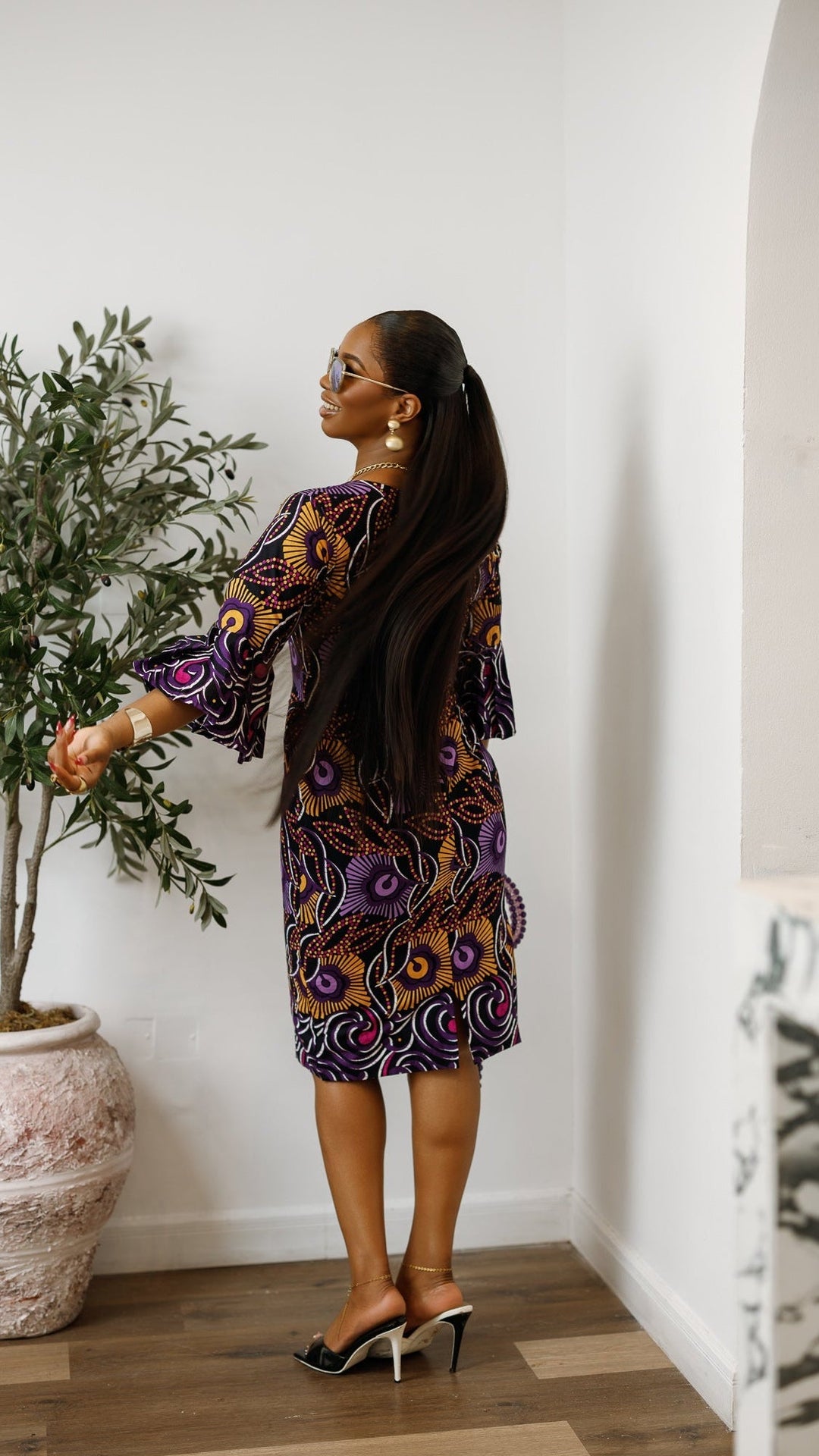 TASSI AFRICAN PRINT BELL SLEEVE MIDI DRESS [PURPLE] - Especially Yours
