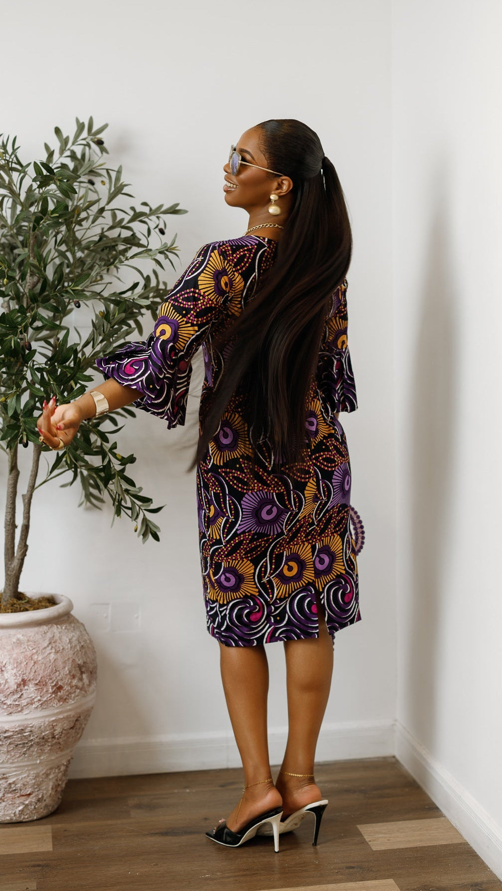 TASSI AFRICAN PRINT BELL SLEEVE MIDI DRESS [PURPLE]