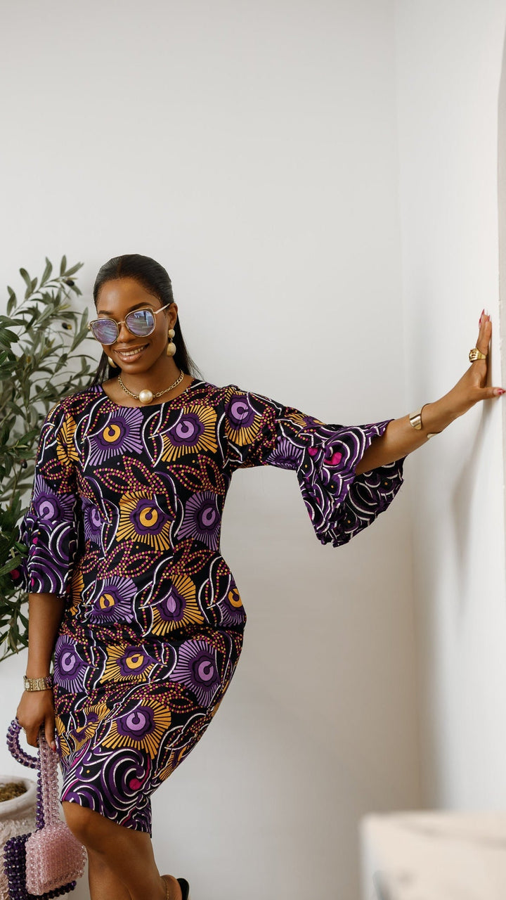 TASSI AFRICAN PRINT BELL SLEEVE MIDI DRESS [PURPLE] - Especially Yours