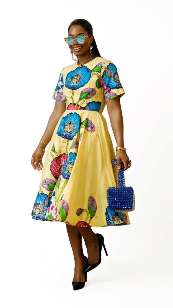 LOLADE AFRICAN PRINT FLORAL DRESS [YELLOW]