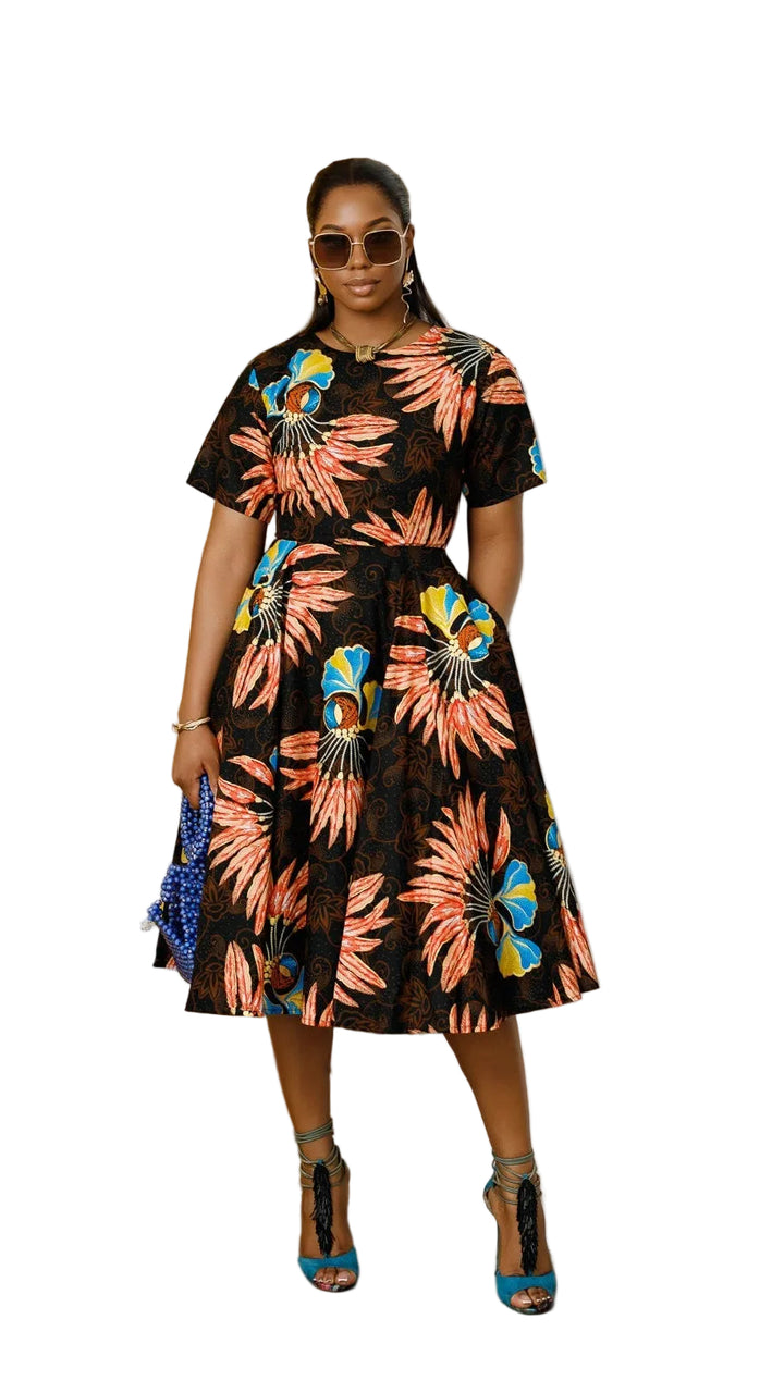 LOLADE AFRICAN PRINT FLORAL DRESS [BROWN]