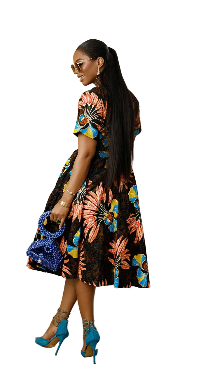 LOLADE AFRICAN PRINT FLORAL DRESS [BROWN]