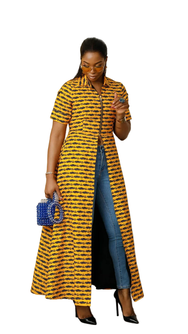 FOLA AFRICAN PRINT COLLARED ZIP FRONT TOP DRESS [YELLOW]----FINAL SALE