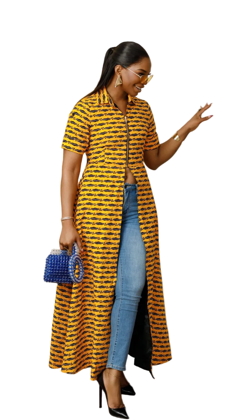 FOLA AFRICAN PRINT COLLARED ZIP FRONT TOP DRESS [YELLOW]----FINAL SALE