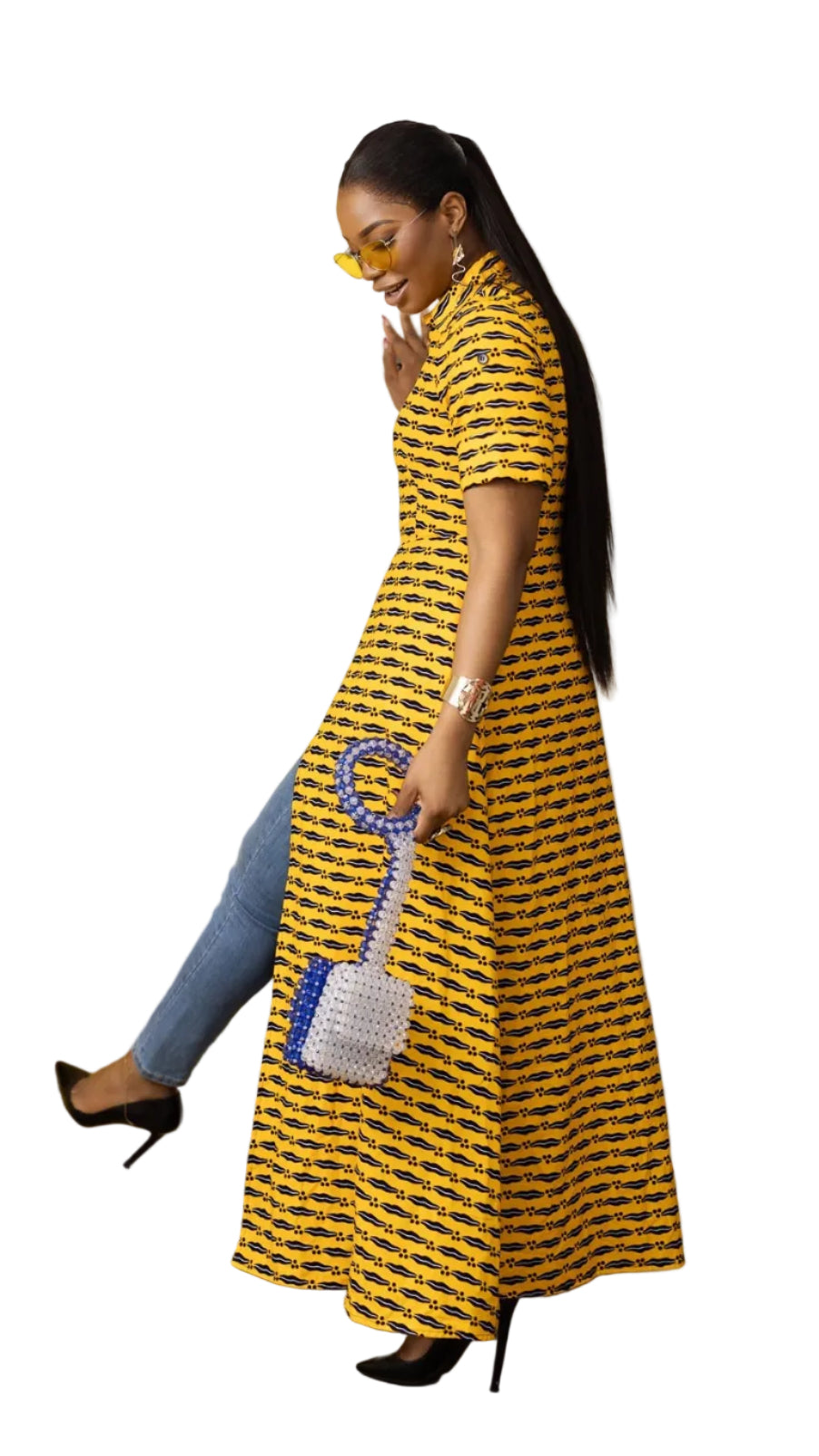 FOLA AFRICAN PRINT COLLARED ZIP FRONT TOP DRESS [YELLOW]----FINAL SALE