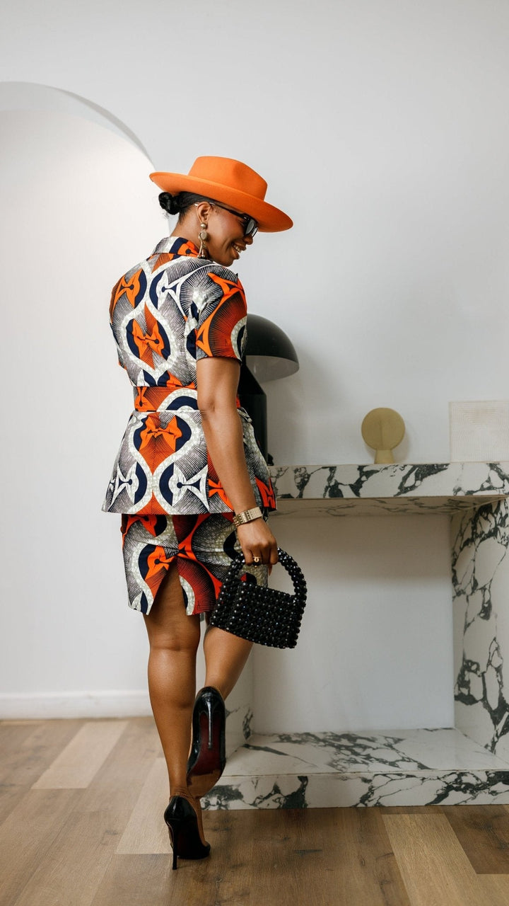 NIFEMI AFRICAN PRINT SHORT SLEEVE SKIRT SUIT SET [ORANGE] - Especially Yours