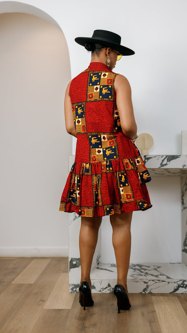 LAILA AFRICAN PRINT SLEEVELESS TIERED BUTTON DRESS [RED]