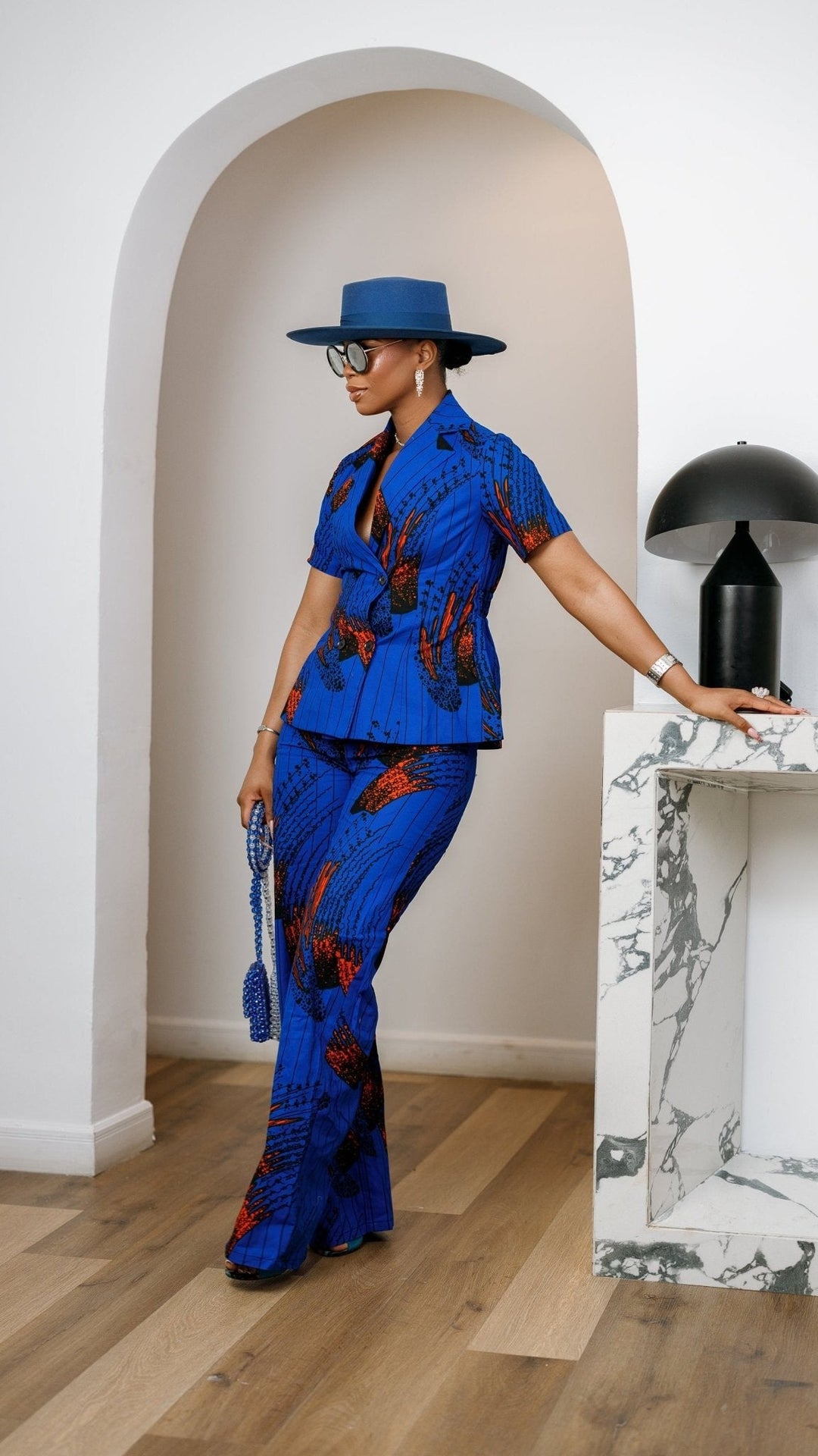 KIKI AFRICAN PRINT SHORT SLEEVE BLAZER PANT SET [BLUE] - Especially Yours