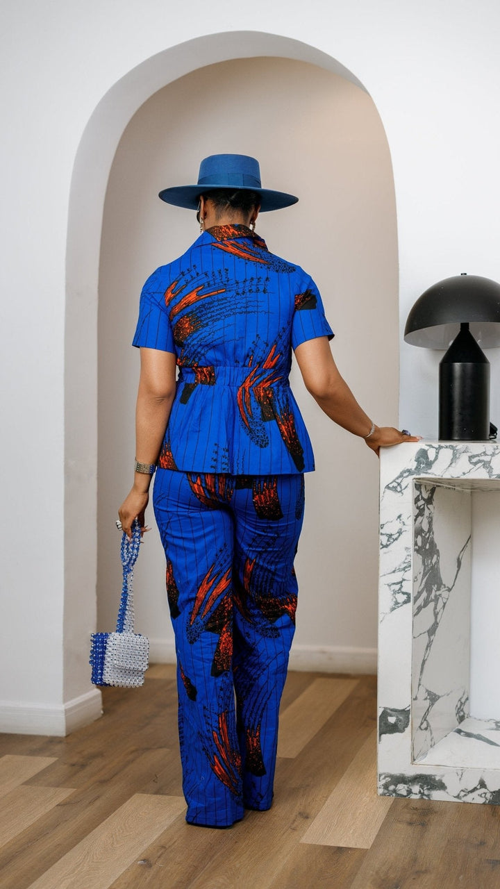 KIKI AFRICAN PRINT SHORT SLEEVE BLAZER PANT SET [BLUE] - Especially Yours