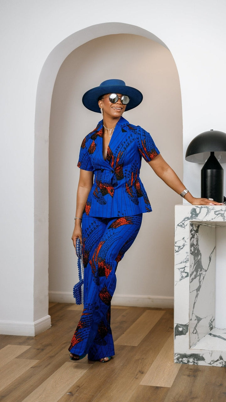 KIKI AFRICAN PRINT SHORT SLEEVE BLAZER PANT SET [BLUE] - Especially Yours