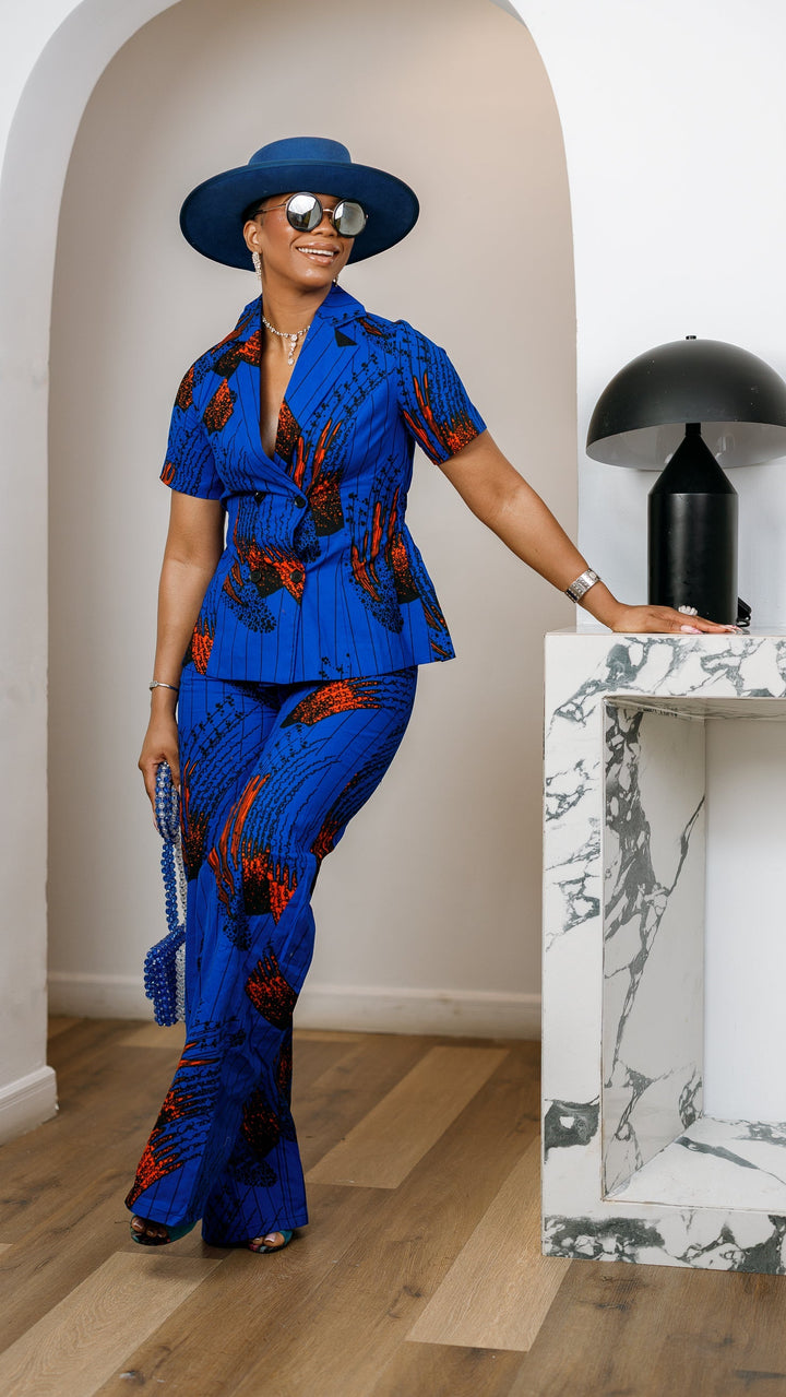 KIKI AFRICAN PRINT SHORT SLEEVE BLAZER PANT SET [BLUE]