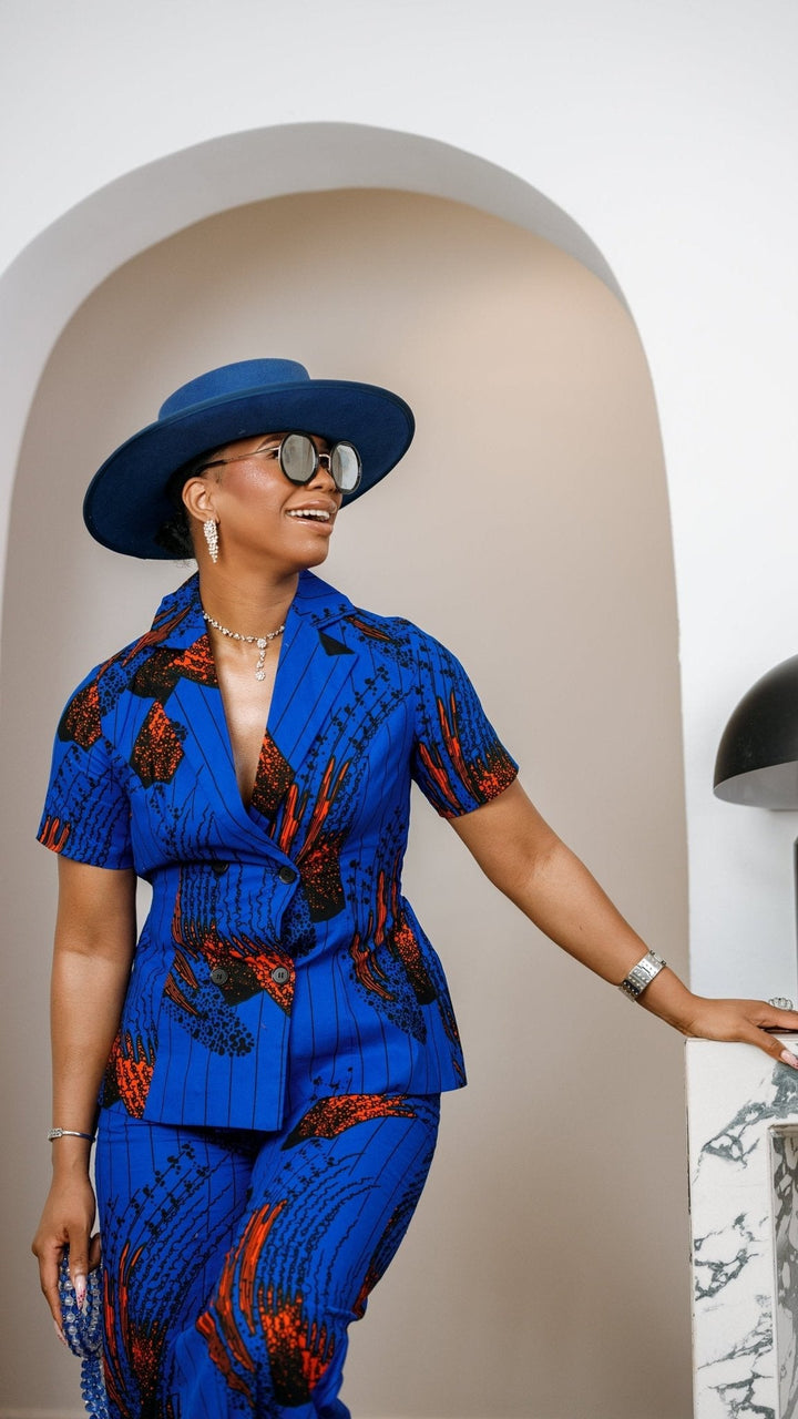 KIKI AFRICAN PRINT SHORT SLEEVE BLAZER PANT SET [BLUE] - Especially Yours
