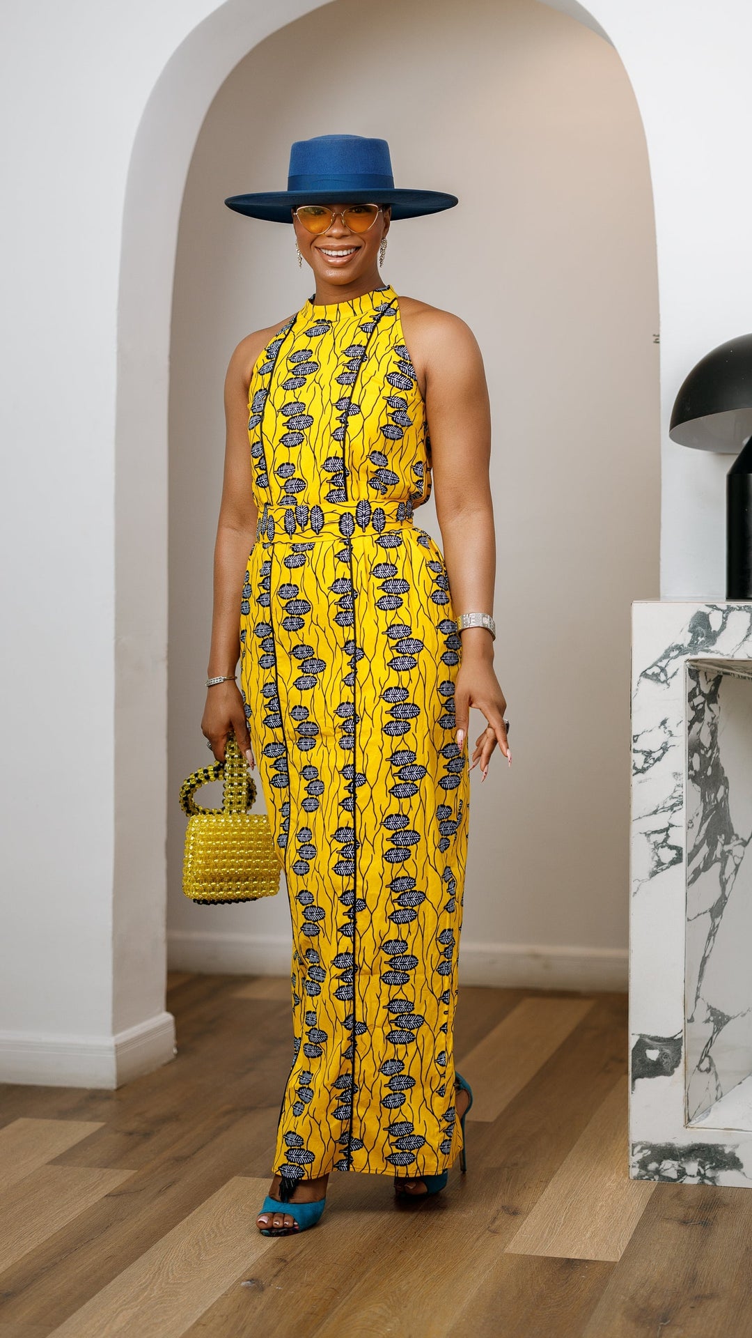 RONKE AFRICAN PRINT SLEEVELESS  MAXI DRESS [YELLOW]----FINAL SALE