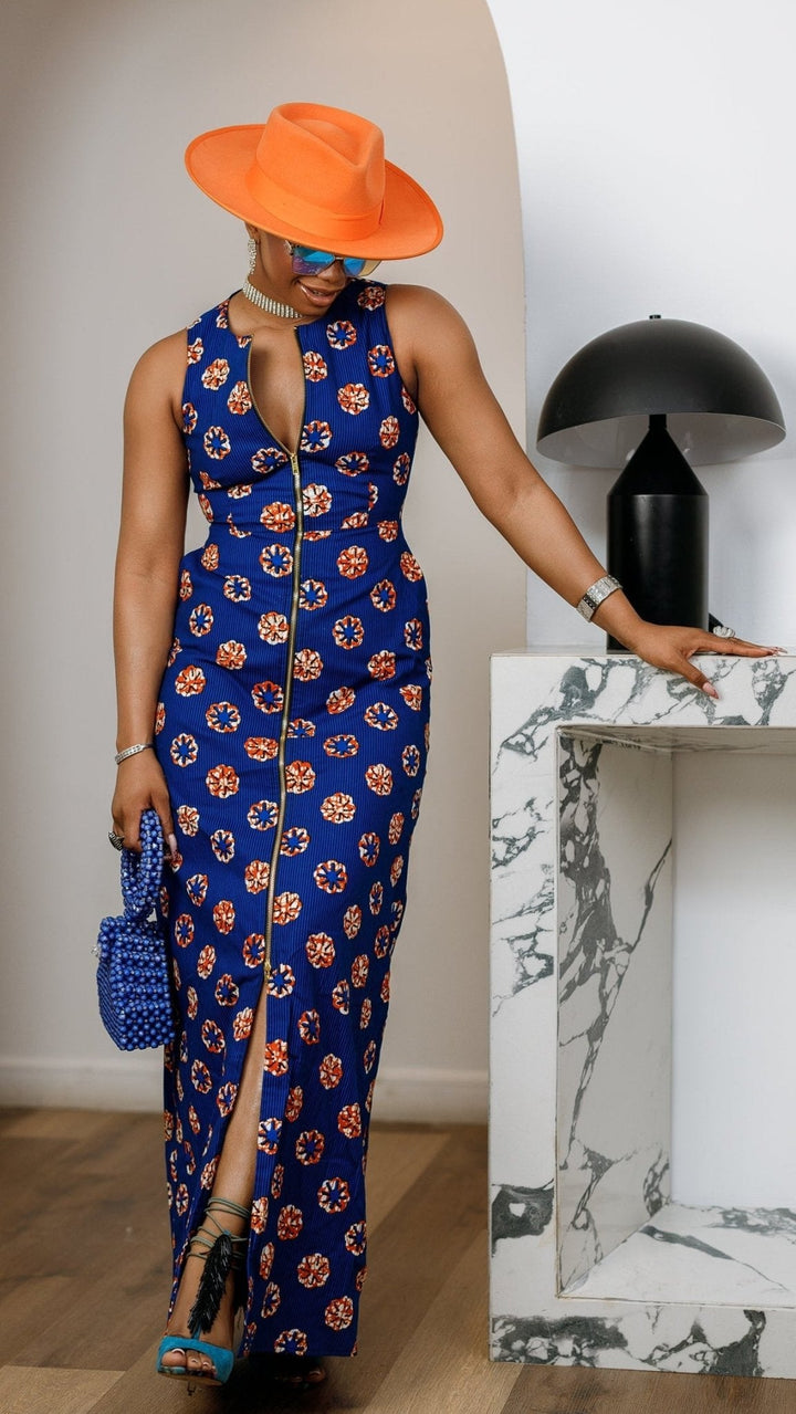 HALIMA AFRICAN PRINT MAXI FRONT ZIP DRESS [BLUE] - Especially Yours