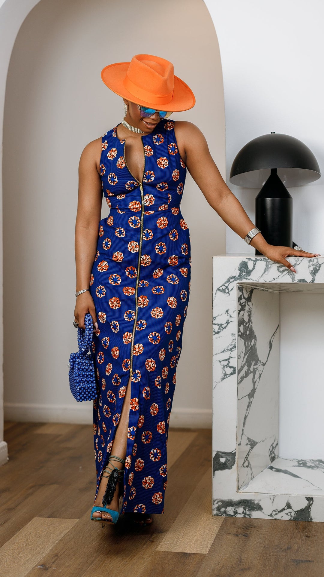 HALIMA AFRICAN PRINT MAXI FRONT ZIP DRESS [BLUE]